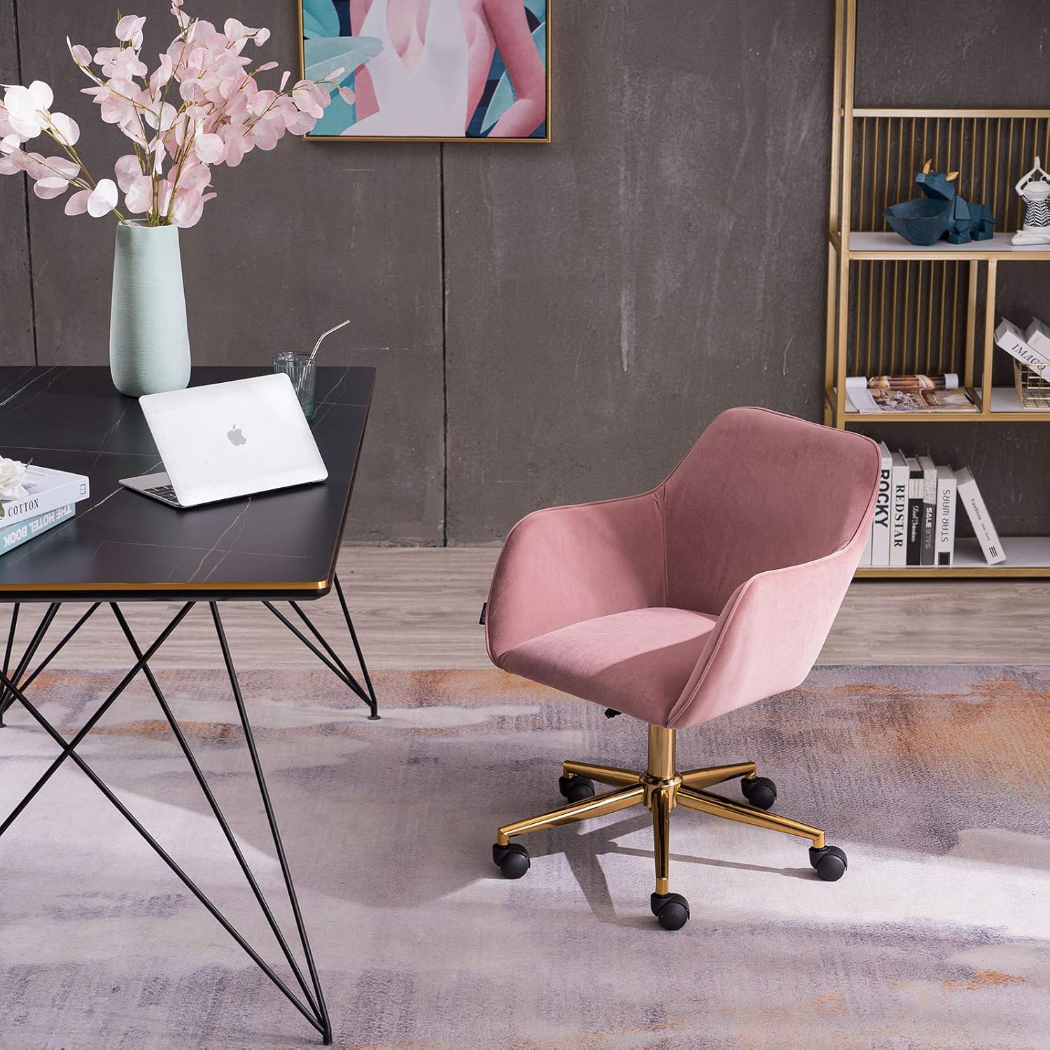 HomVent Silla de ocio de terciopelo, moderna silla de escritorio tapizada, silla giratoria de terciopelo, taburete giratorio de altura ajustable