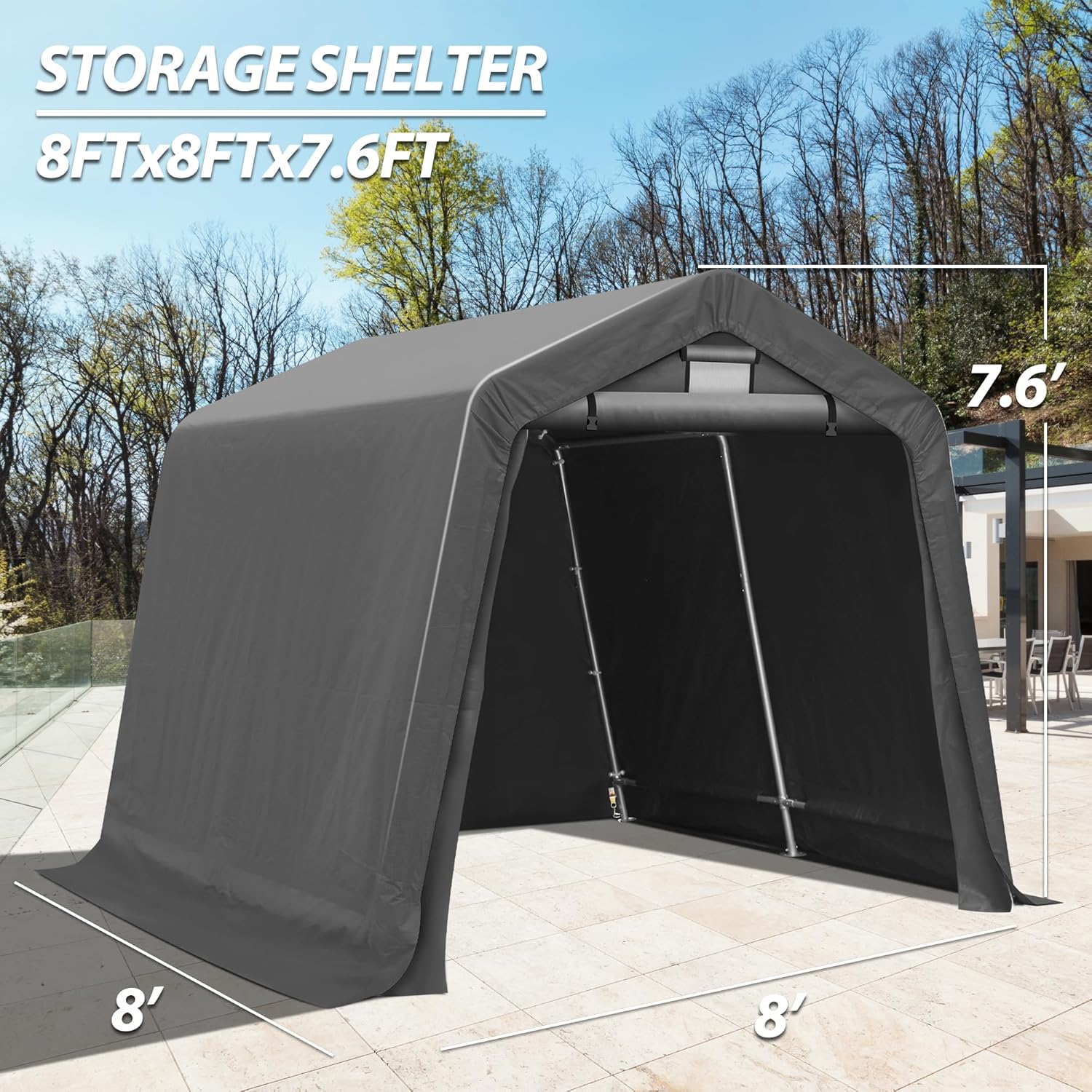 Cobertizo de almacenamiento exterior de 8 x 8 pies, garaje portátil con puerta enrollable con cremallera y ventana de ventilación, tienda de campaña