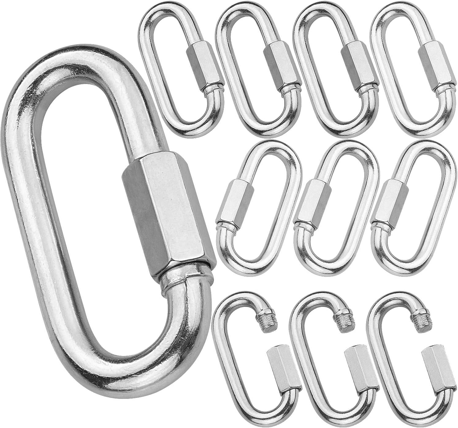 Paquete de 16 mosquetones de bloqueo ovalado M6 de acero inoxidable, clips de mosquetón resistentes de 14 pulgadas, eslabones de cadena rápida de