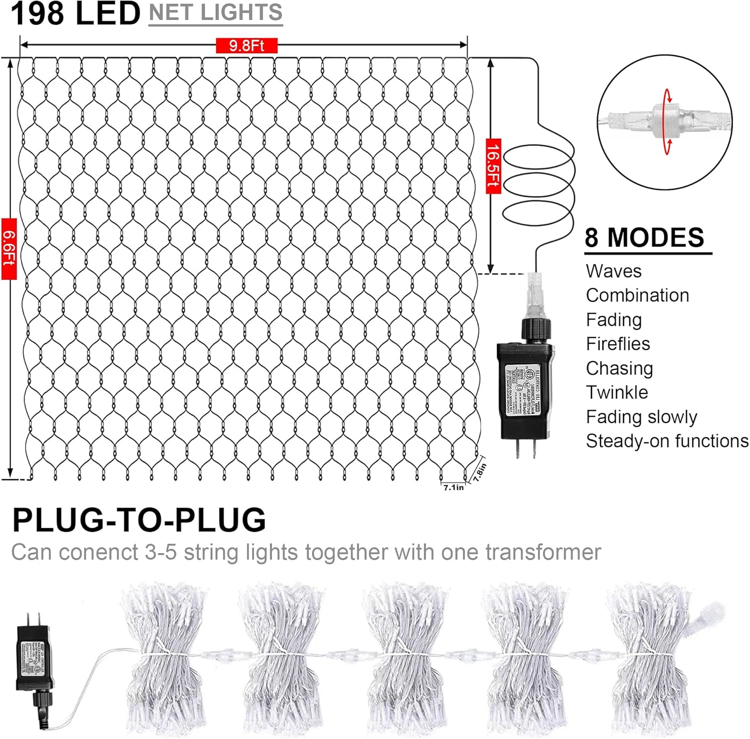 kemooie Luces de red de Navidad para exteriores, 198 luces LED de red de 9.8 pies x 6.6 pies, conectables, 8 modos de parpadeo, luces de malla
