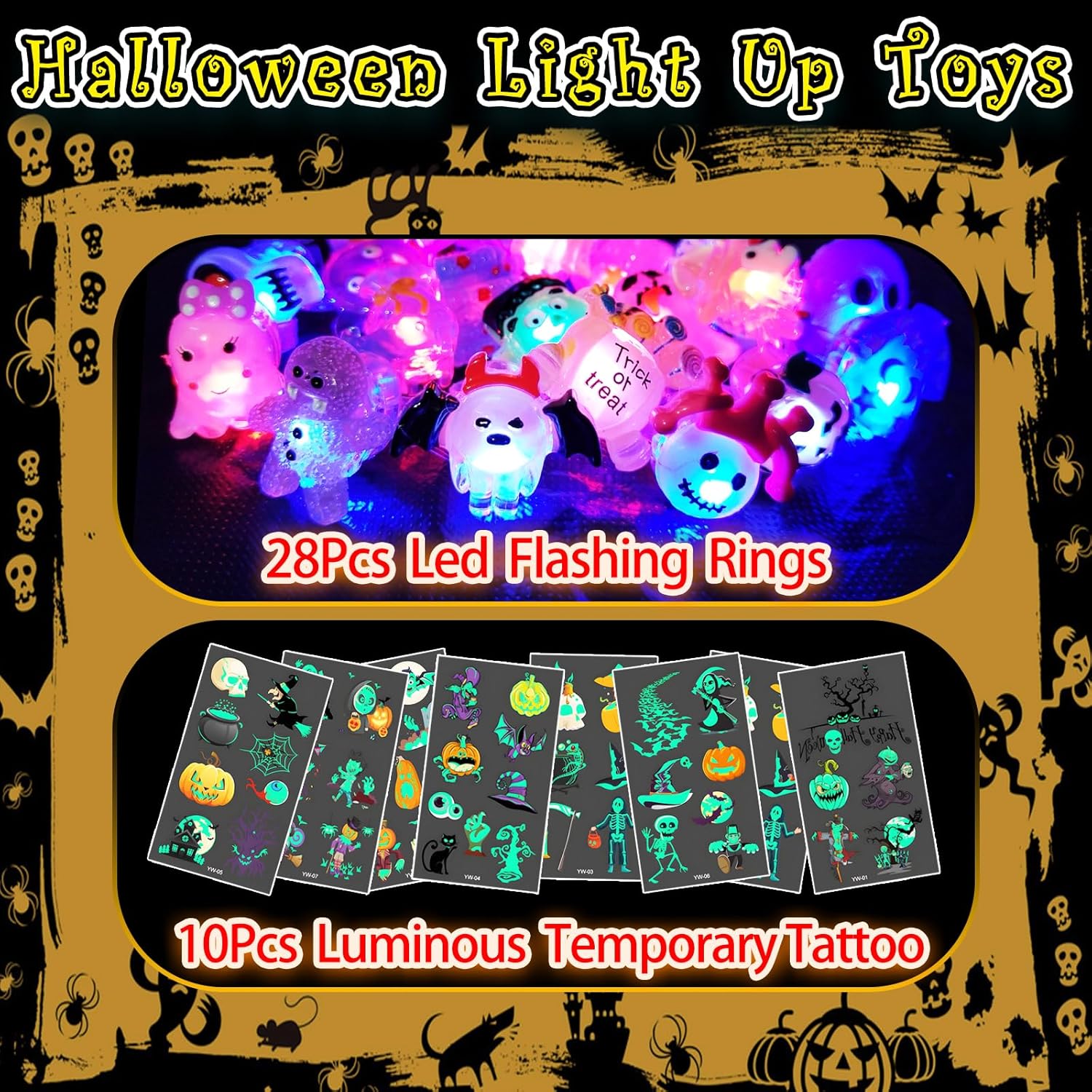 38 piezas de recuerdos de fiesta de Halloween para niños, anillos con luz 3D, juguetes a granel, golosinas de Halloween sin dulces, 28 anillos