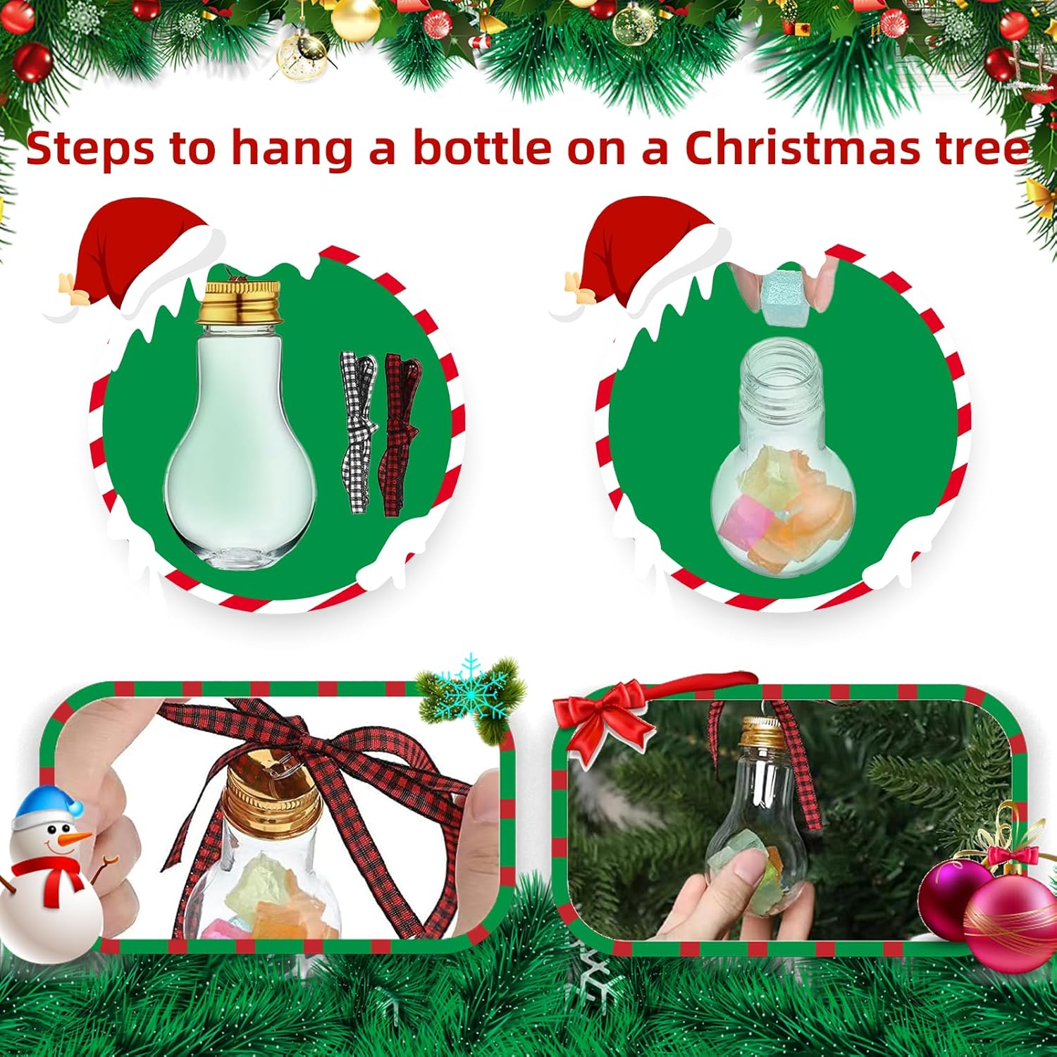 18 bolas de alcohol para fiestas navideñas, adornos de árbol de alcohol rellenables con calcomanías de cinta a cuadros de búfalo de plástico