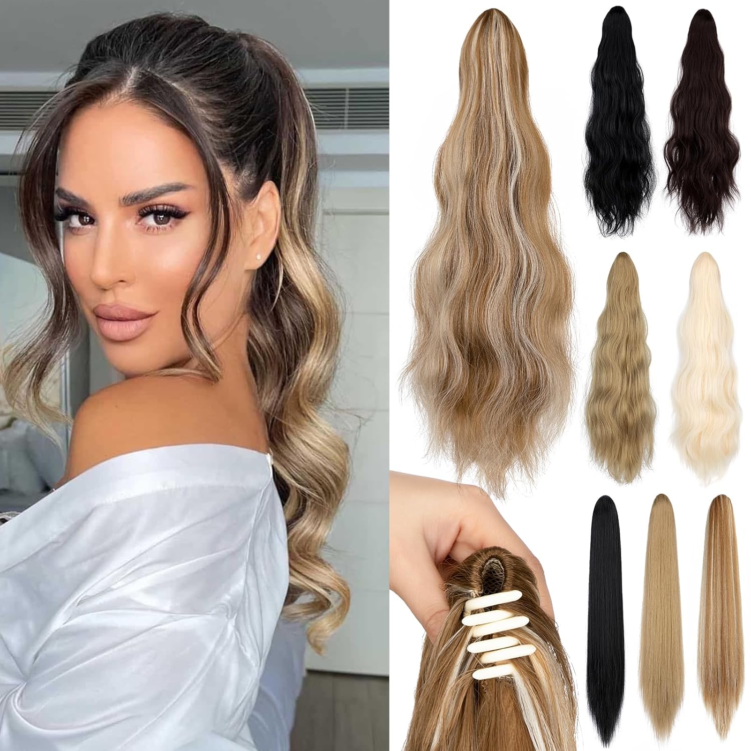 Extensión de cola de caballo de 22 pulgadas y 24 pulgadas de largo, ondulado y lacio, extensiones de cabello sintético de aspecto natural para