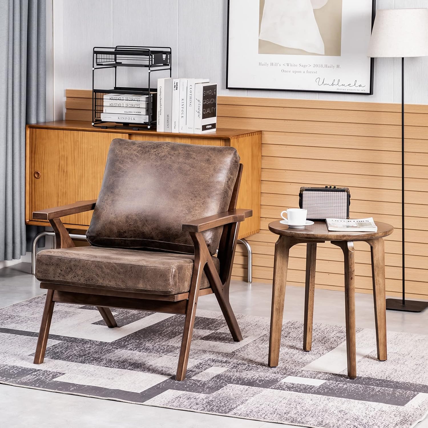 UNICOO – Silla de mediados de siglo, sillón tapizado retro, con marco de madera y cojines extraíbles, silla grande de ocio para sala de