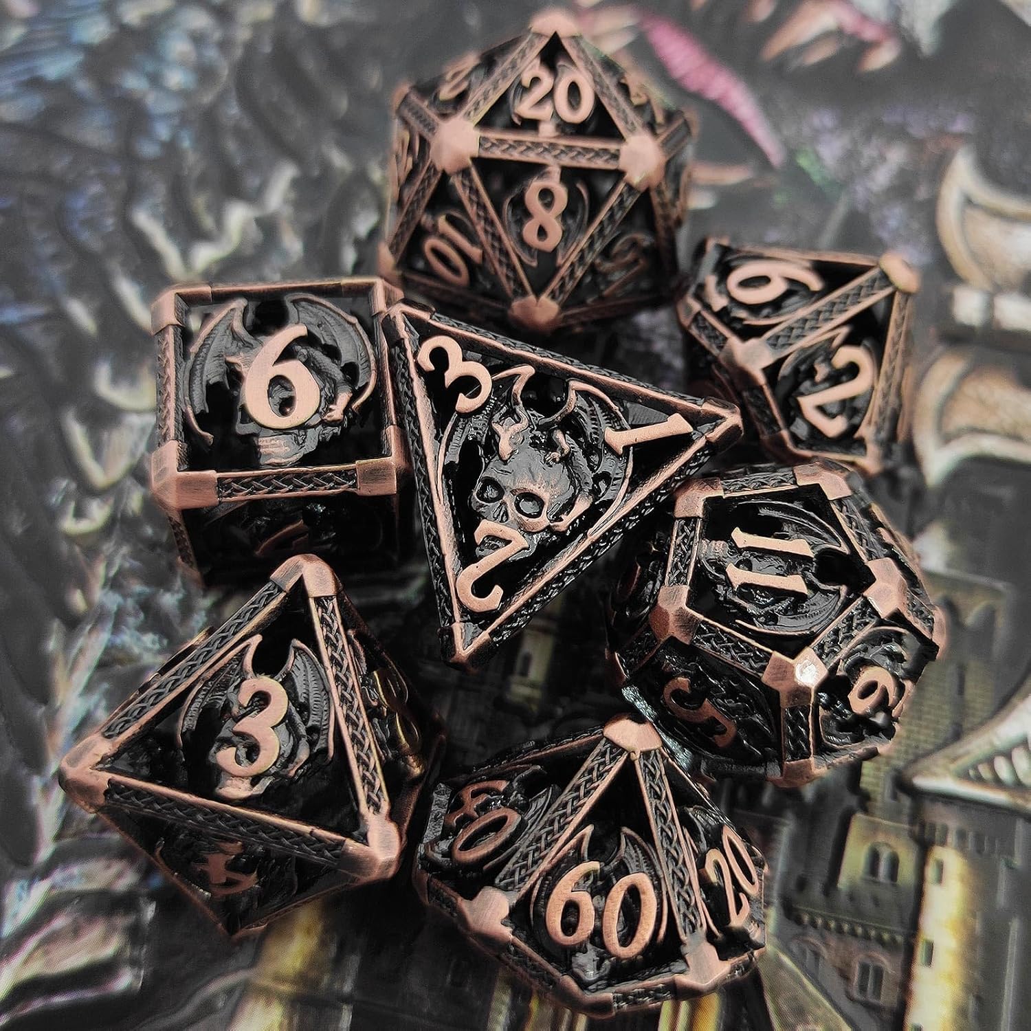 AHDKEJG DND – Juego de dados D&D, 7 piezas de metal hueco de mazmorras y dragones poliedro con bolsa de dados de regalo, RPG, MTG, juego de rol,