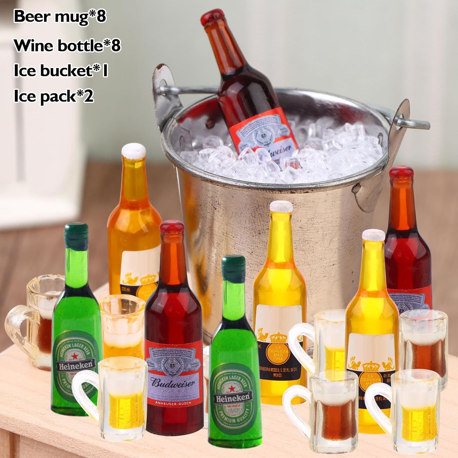 Juego de botellas de cerveza en miniatura de casa de muñecas 112 con cubo en miniatura, cubos de hielo falsos, mini tazas de cerveza para juego de