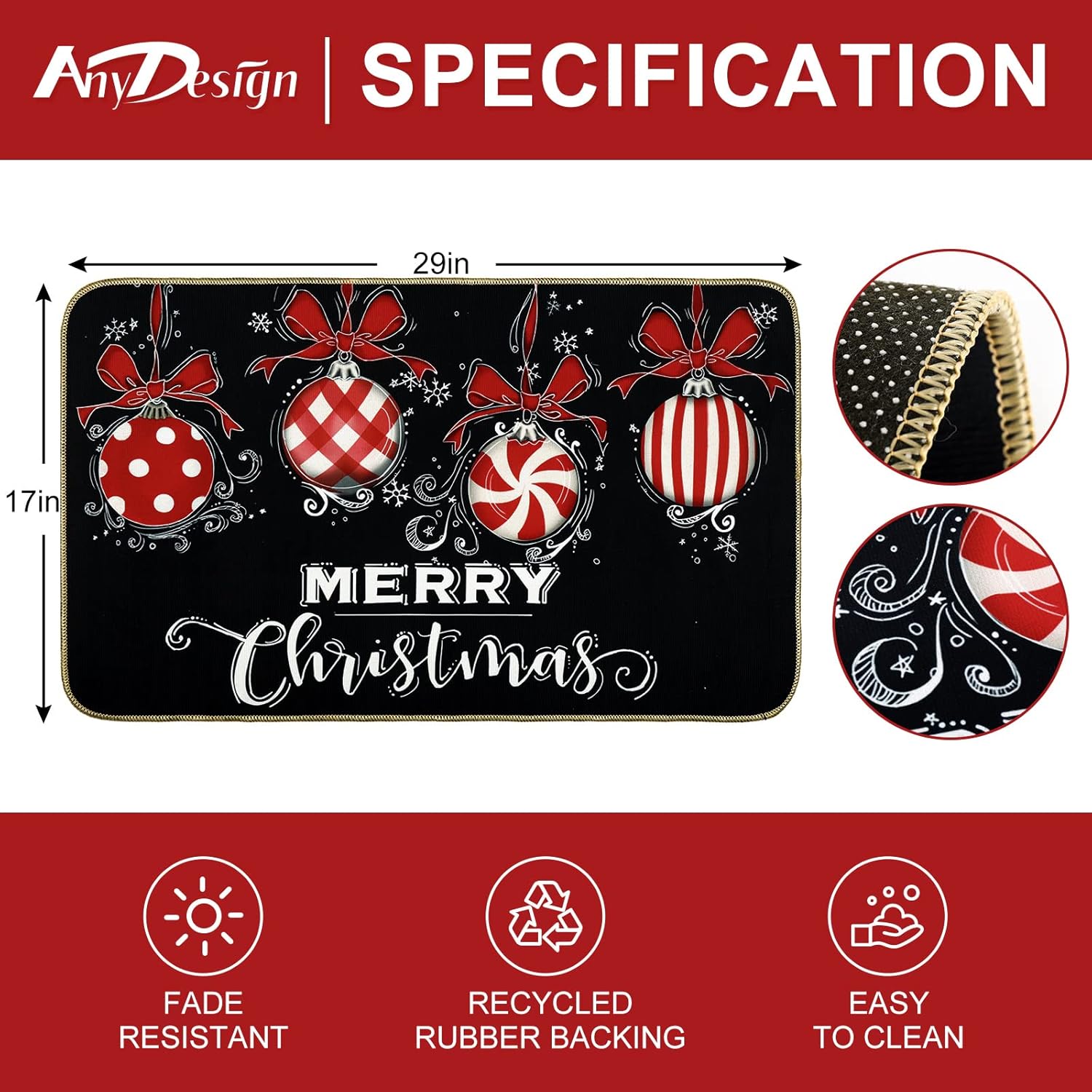 AnyDesign Tapete de puerta de Navidad negro y rojo con parte trasera de goma antideslizante, para interiores y exteriores, para decoración de hogar,