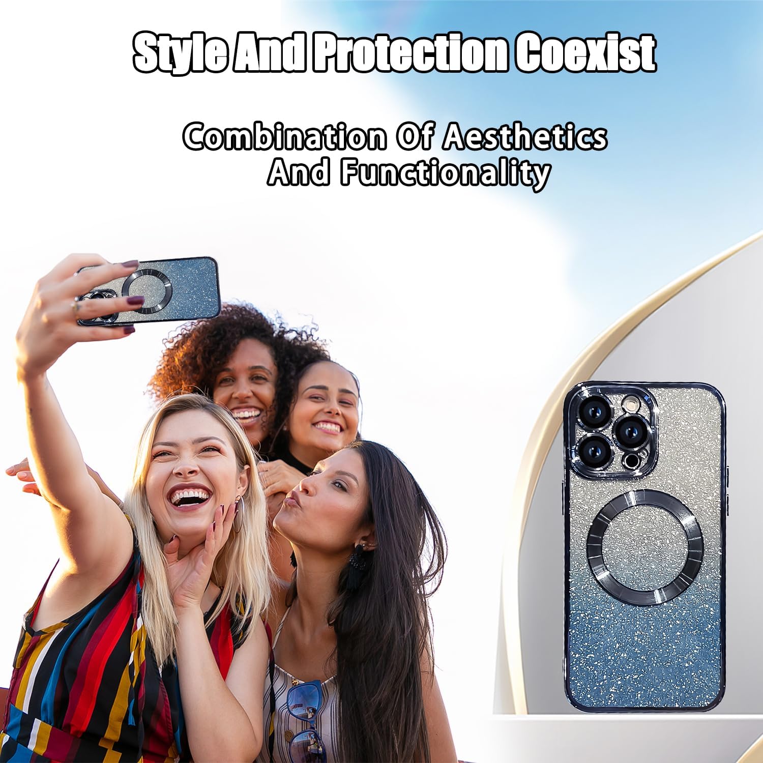 Funda magnética con purpurina para iPhone 15 Pro Max, compatible con MagSafe, protección completa de la lente de la cámara, chapado de lujo, bonita