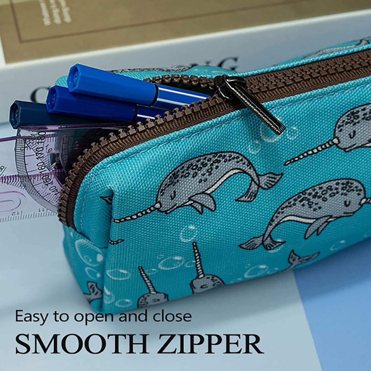 LParkin Lindo Narwhal lona lápiz caso pluma bolsa bolsa estacionaria gadget maquillaje cosméticos bolsa caja