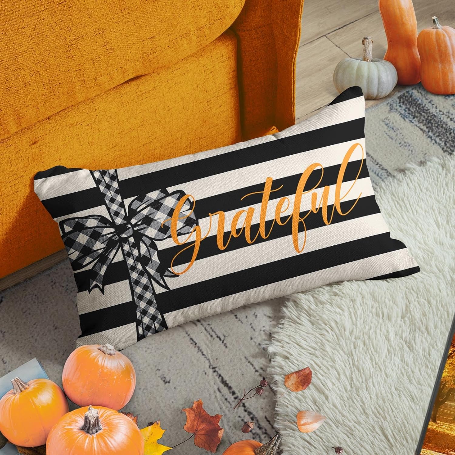 Funda de almohada de otoño con lazo a rayas blancas y negras, decoración de casa de campo, rectangular, de lino, para el hogar, 12 x 20 pulgadas
