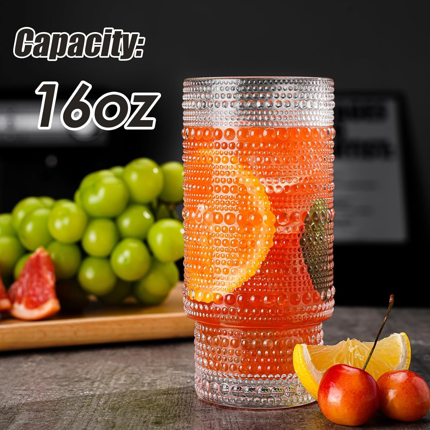 Vasos para beber, 8 vasos de vidrio con diseño en relieve, vasos altos de 16 onzas, cristalería vintage ondulada, vasos acanalados, vasos a rayas,