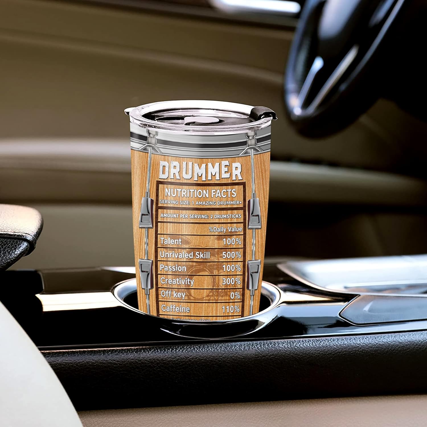Vaso de acero inoxidable personalizado con datos nutricionales de baterista, 20 onzas, 30 onzas, nombre personalizado, con texto “I Play Drums And I