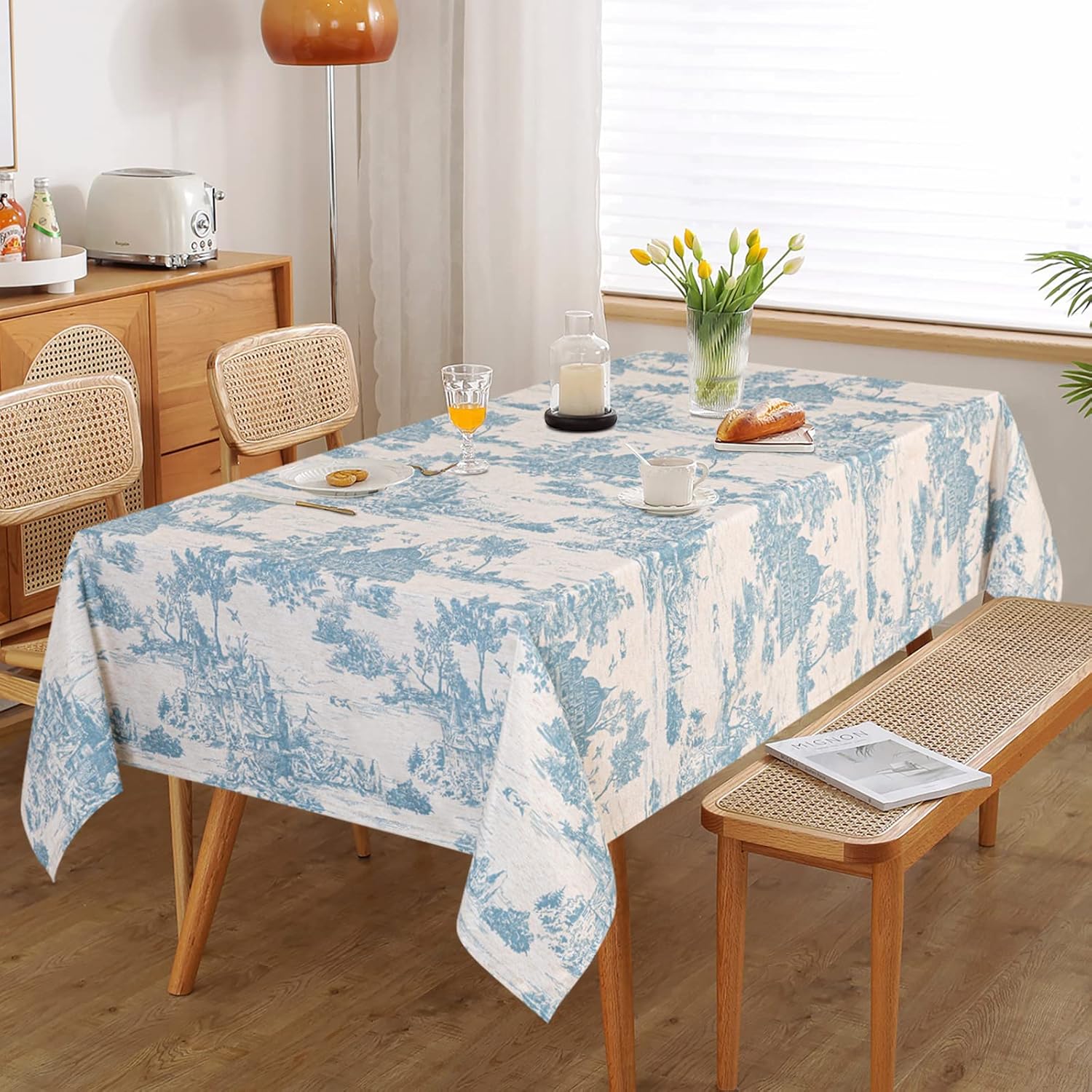 MYSKY HOME Mantel rectangular vintage de lino de 60 x 102 pulgadas, mantel con estampado de castillo azul para mesa de comedor, mesa, fiestas,