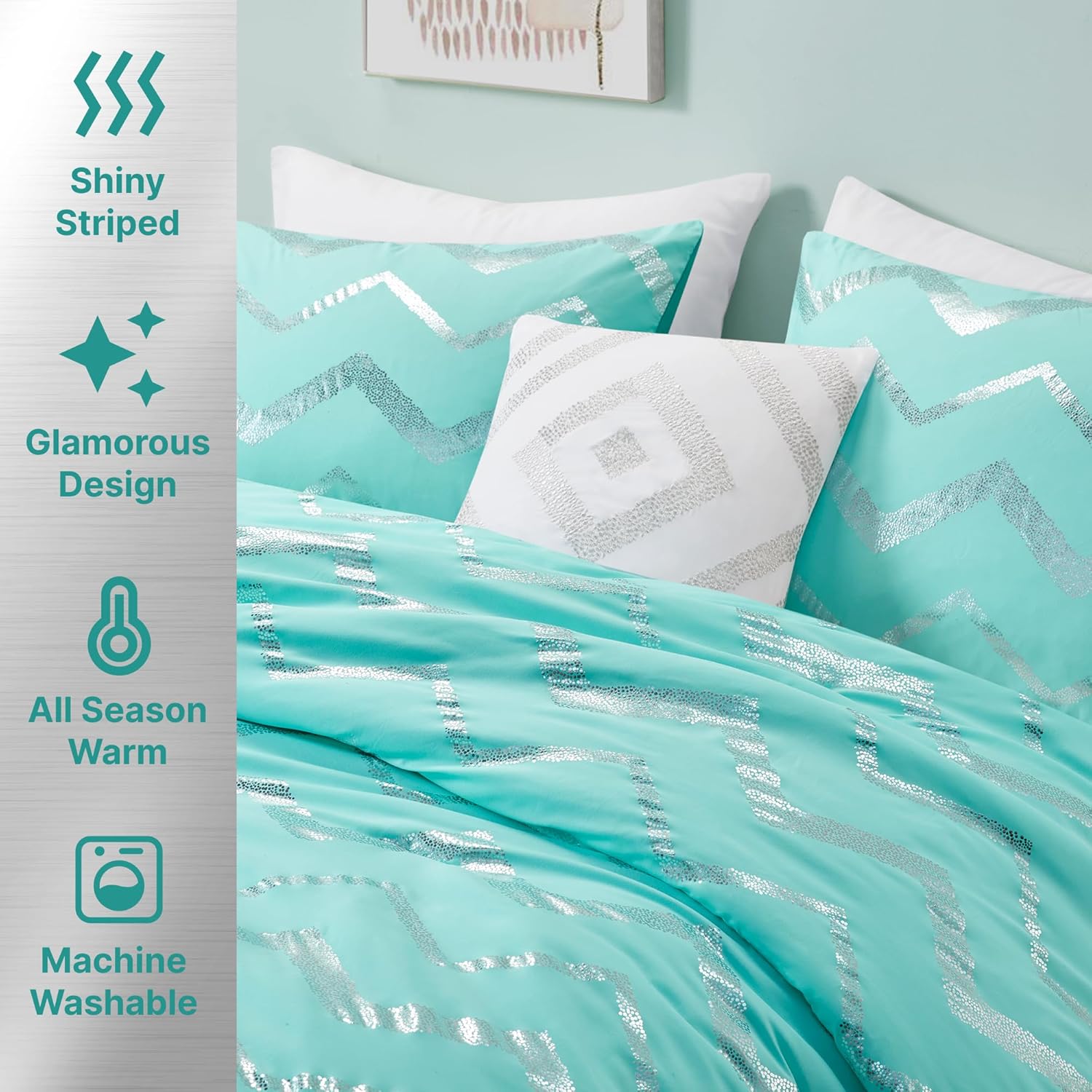 Codi Juego de ropa de cama turquesa para adolescentes, tamaño individual, juego de edredón azul para adolescentes, 3 piezas, cálido para todas las