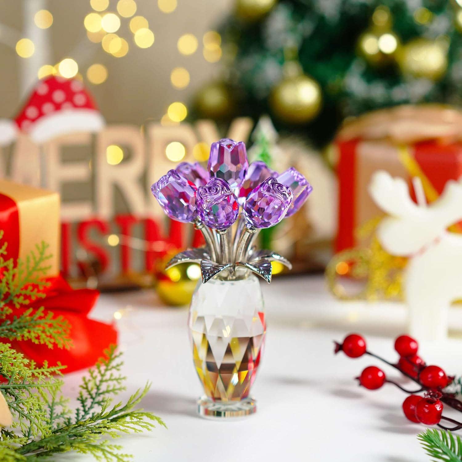 H&D HYALINE & DORA Figura de flores moradas de cristal, regalos de rosas para mamá, esposa, abuela, adorno coleccionable de flores de cristal, Día