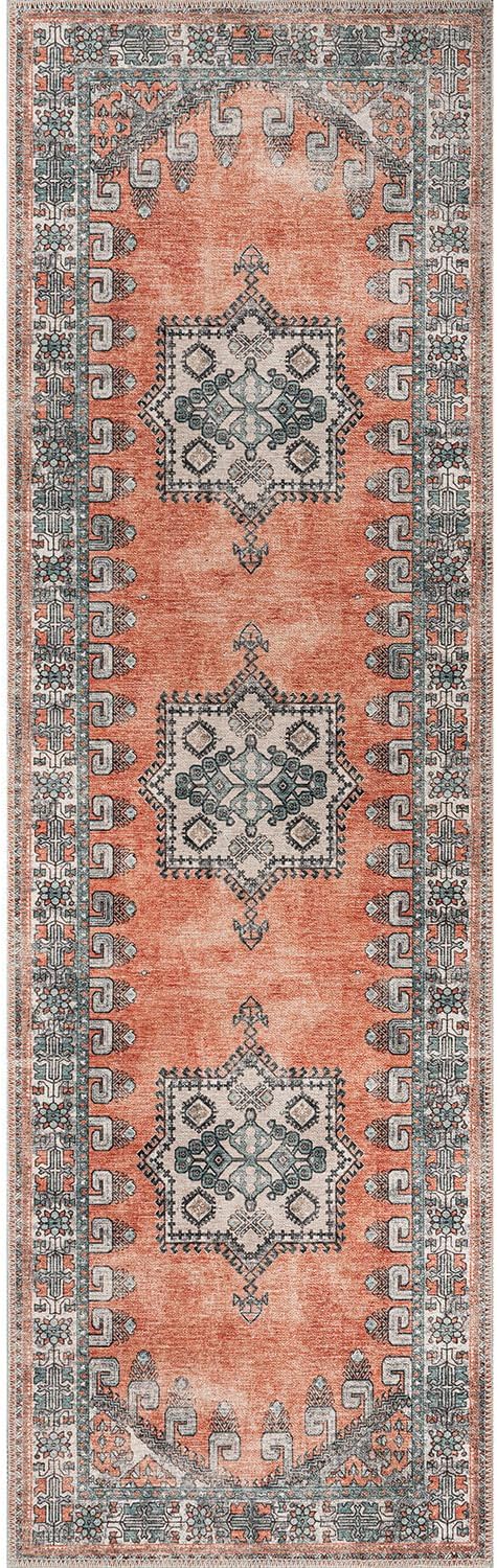 CAMILSON Alfombra lavable a máquina, oriental, retro, persa, vintage, envejecida, con medallones, 2 x 7 pies, no desprende pelusa, resistente a las