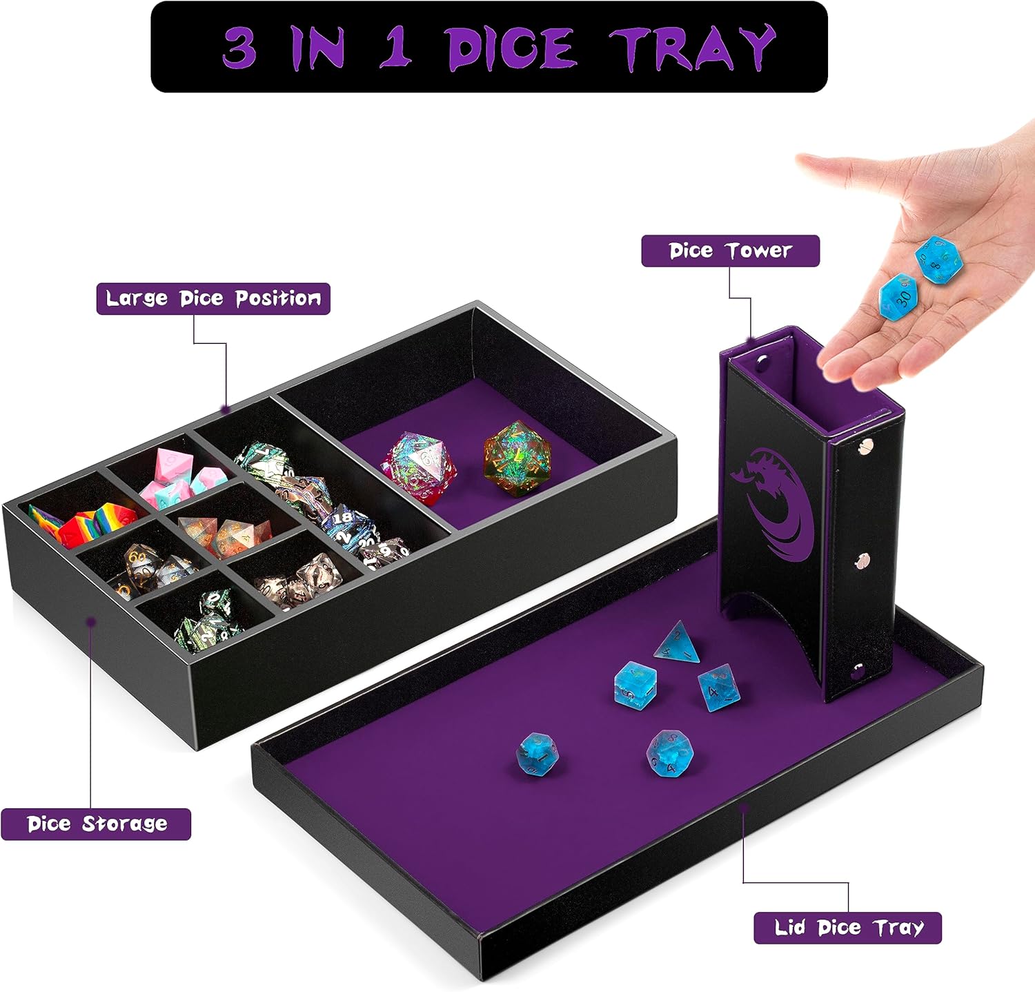 DNDND Bandeja rodante de dados 3 en 1, torre de dados y almacenamiento de dados, almacenamiento rectangular portátil con tapa para juegos de mesa