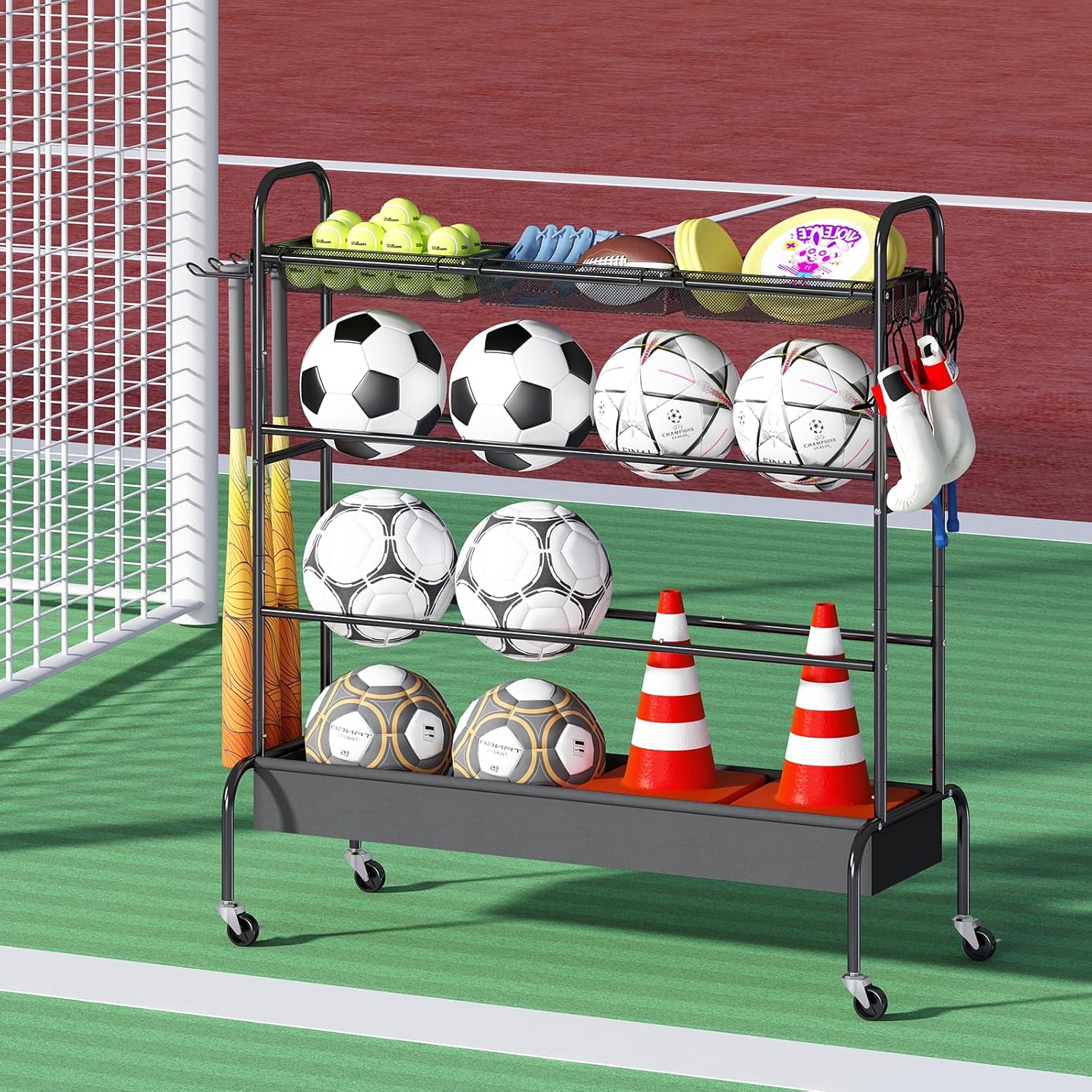 Estante de baloncesto, soporte de entrenamiento de tiro de baloncesto, almacenamiento de equipos deportivos de garaje, soporte organizador de bolas