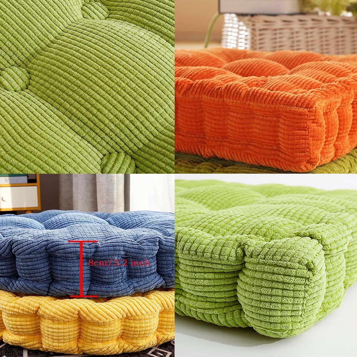Jhorxa Juego de 2 almohadas de suelo de meditación, cuadradas y redondas, para adultos, cojín de pana copetuda para balcón, exterior, tatami y sala