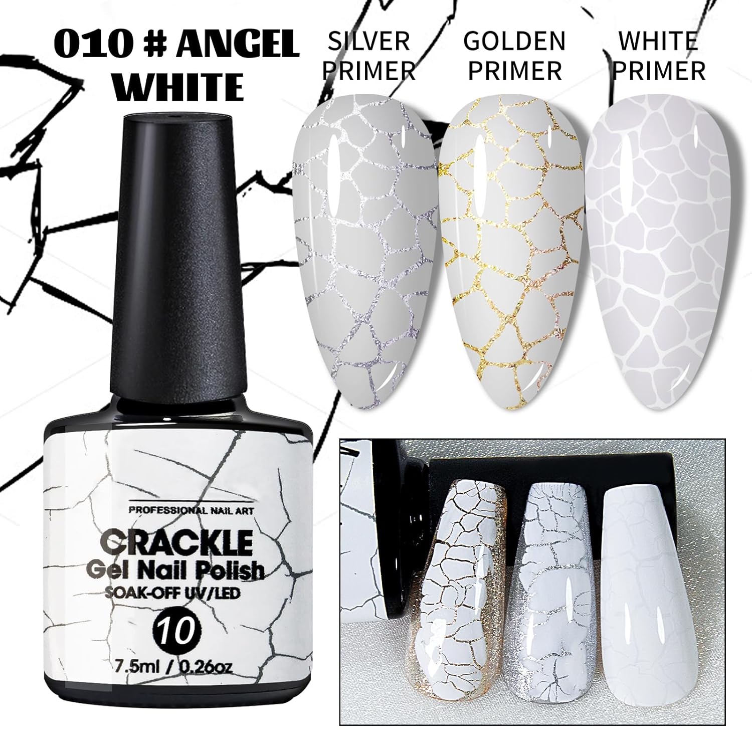 U-Shinein Esmalte de uñas de gel 3D, esmalte de uñas de ángulo blanco agrietado, increíble efecto de esmalte de uñas con estampado, de larga