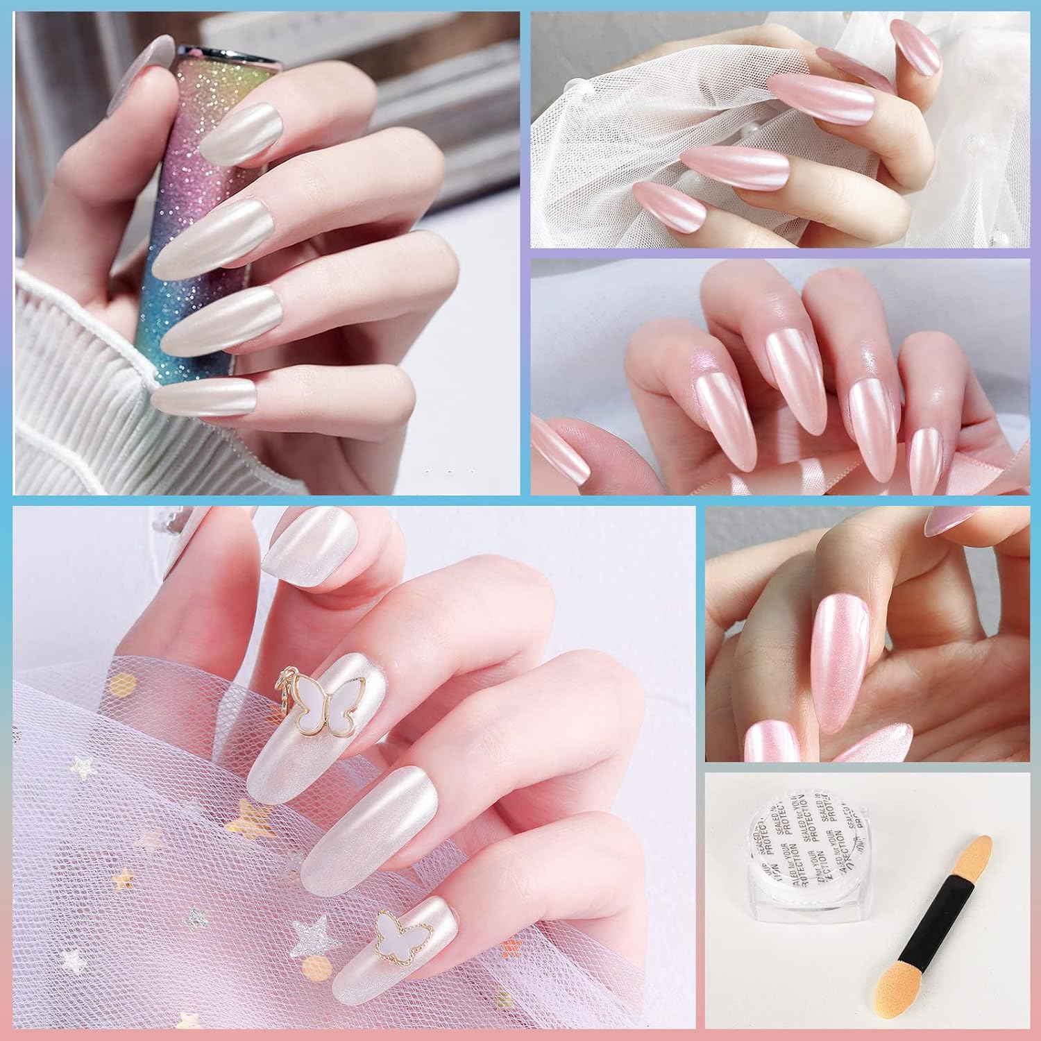 Artdone 3 piezas de polvo de uñas de cromo perla blanca, polvo iridiscente Aurora metalizado efecto espejo pigmento perlado sirena pigmen para arte