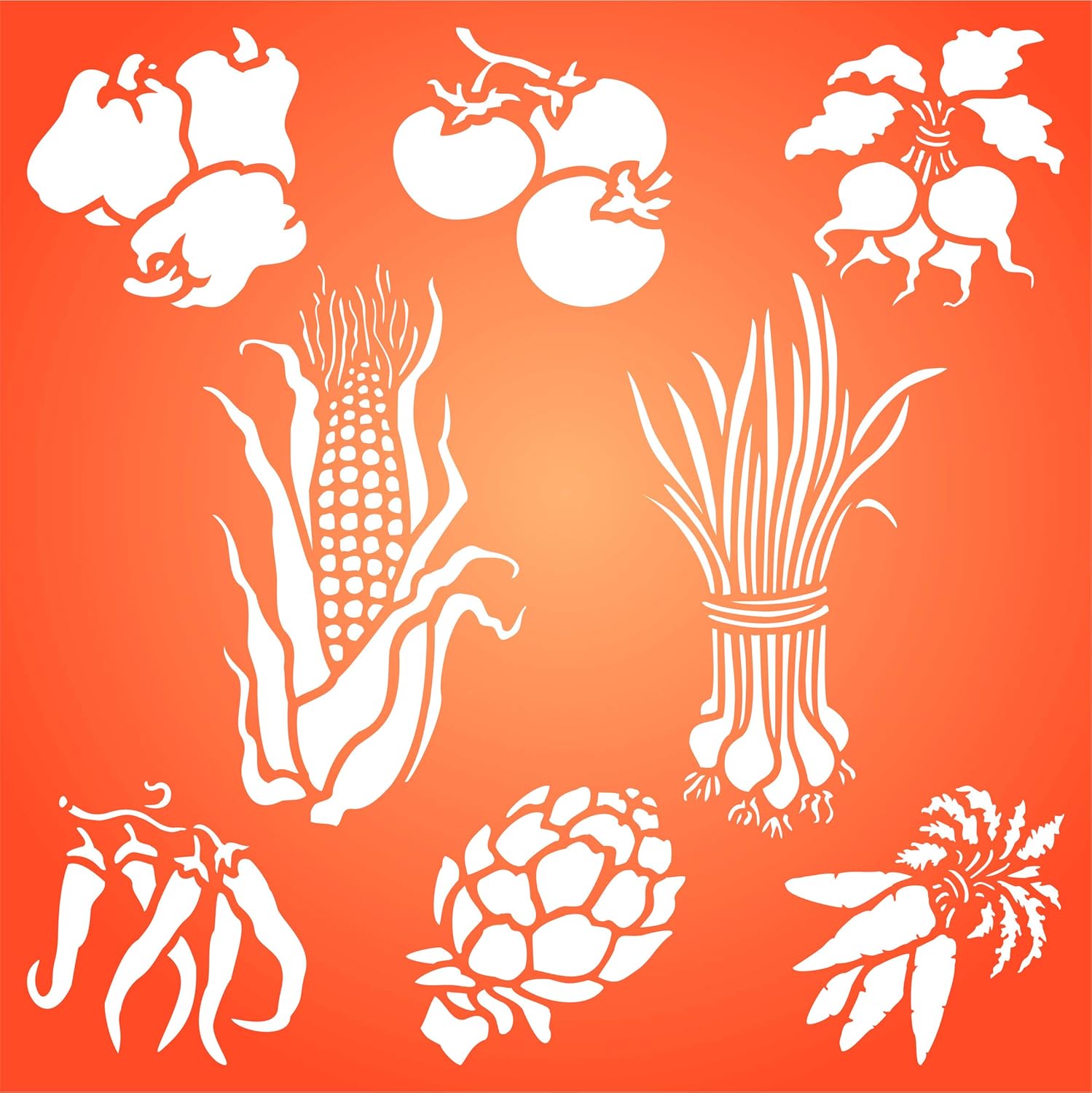 Plantilla para verduras, 6.5 x 6.5 pulgadas (S)  Maíz, Tomate, Rábano, Pimienta, Chile, Zanahoria, Espárragos, Cebolletas Vegetales Plantillas para