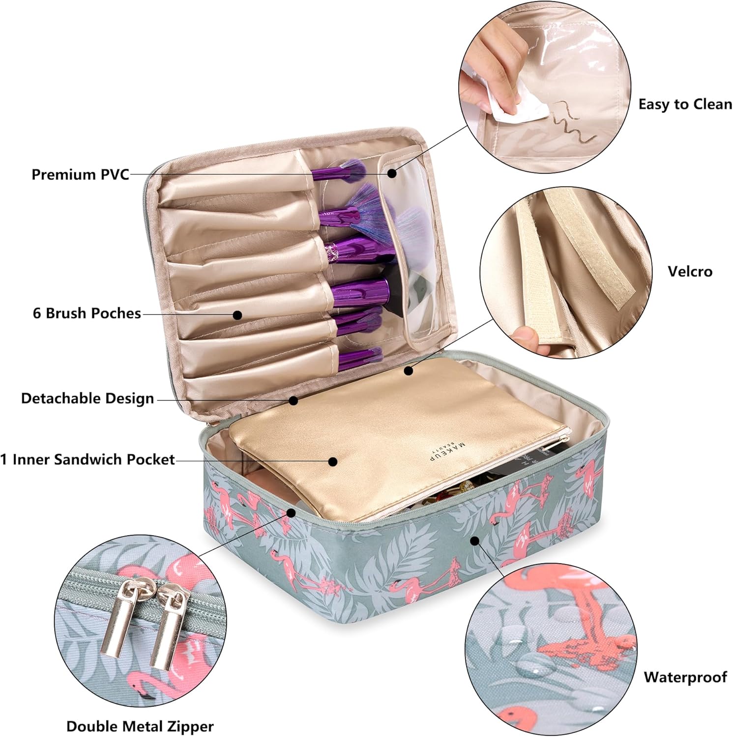 Ginsco Bolsa de maquillaje de viaje con soporte para cepillos, bolsa de cosméticos grande, organizador de maquillaje de viaje, portátil, resistente