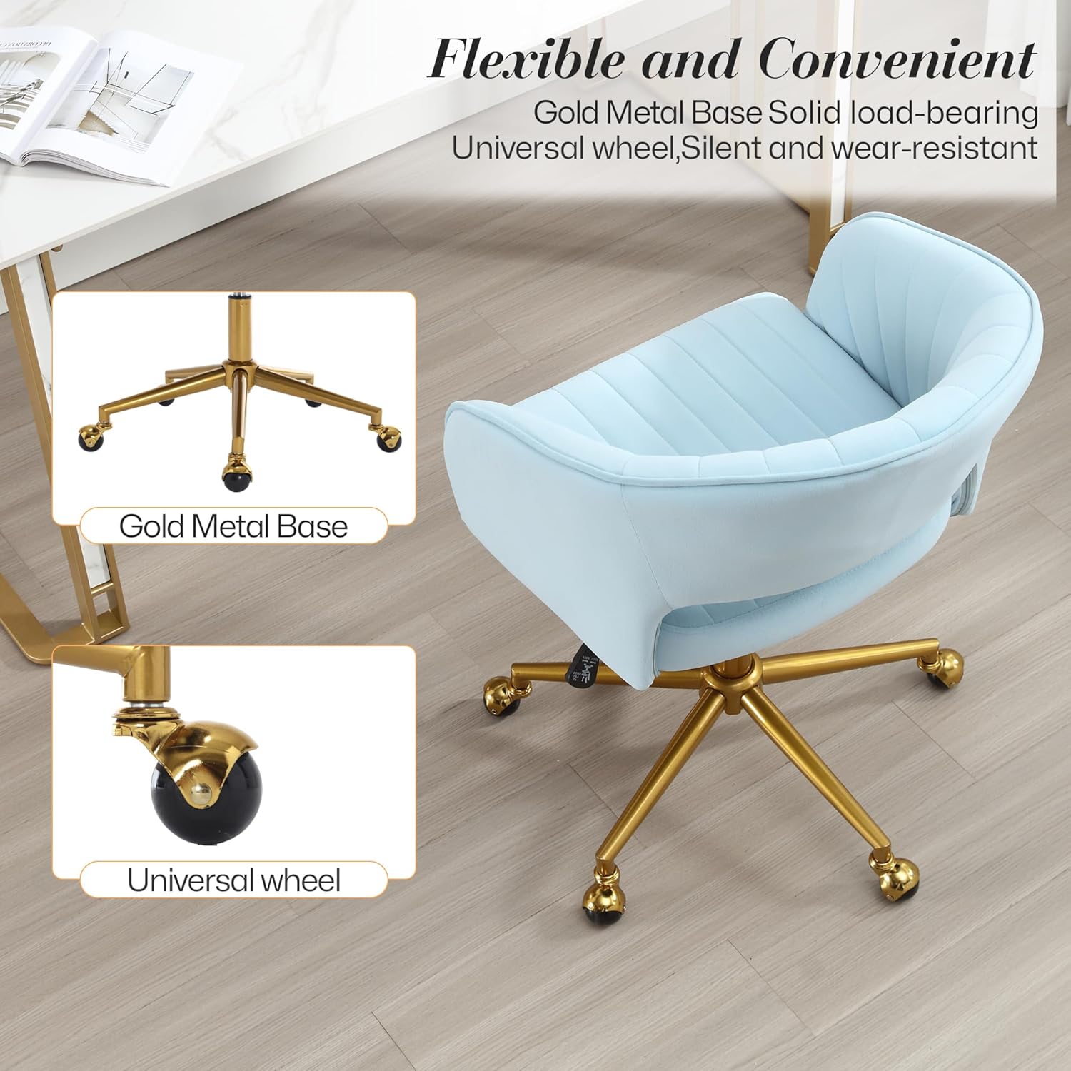 Homedraft Silla de escritorio giratoria para oficina en casa, moderna silla de escritorio de terciopelo, sillón de altura ajustable con base dorada,