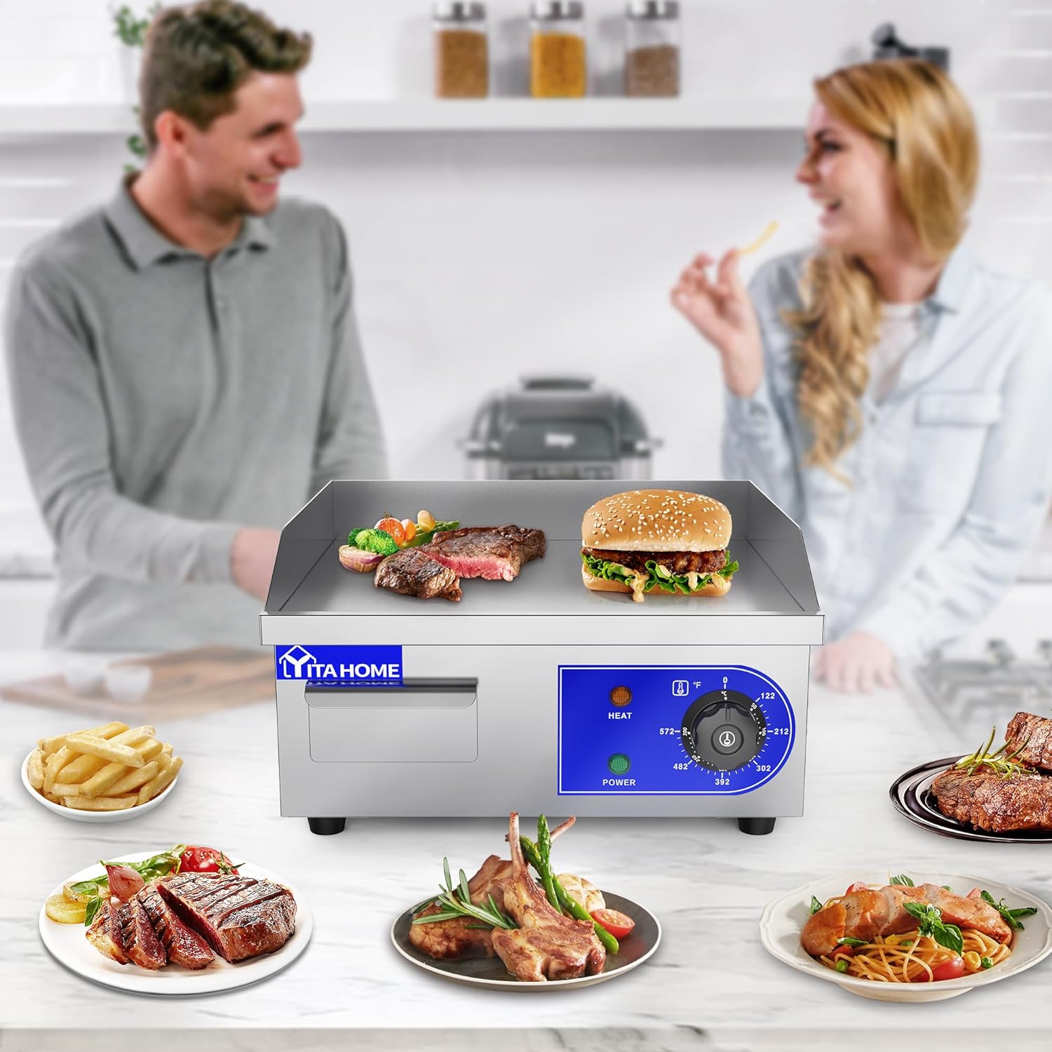YITAHOME Plancha eléctrica comercial de 14 pulgadas con mango de resorte, plancha comercial de 1500 W, parrilla Teppanyaki comercial antiadherente
