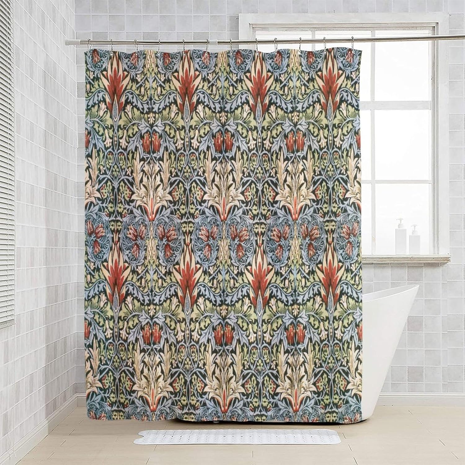 William Morris – Cortina de ducha con estampado de pájaros azules, poliéster impermeable con 12 ganchos, 72 x 84 pulgadas