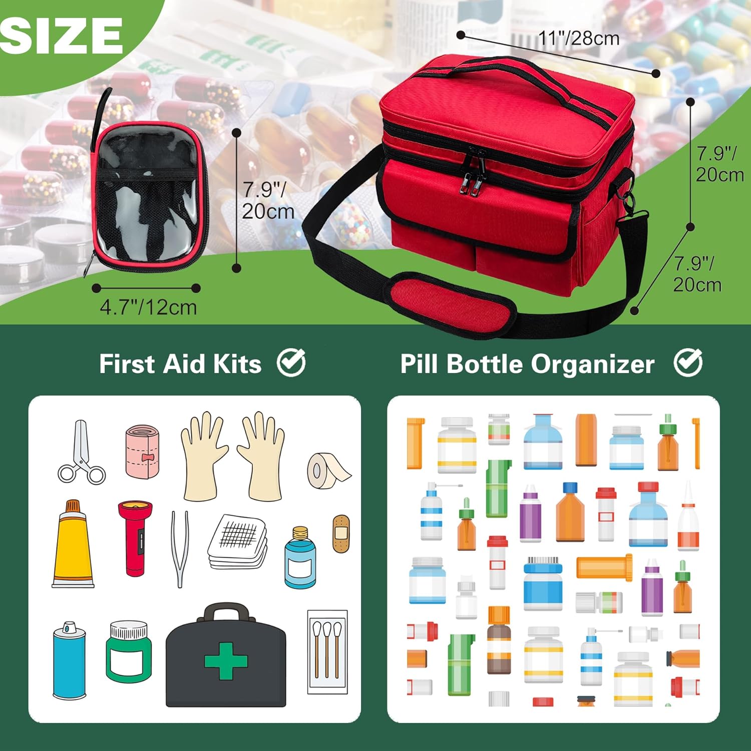 RONCHIL Bolsa de almacenamiento de medicamentos, organizador de botellas de píldoras con bolsa pequeña portátil para viaje, organizador de botellas