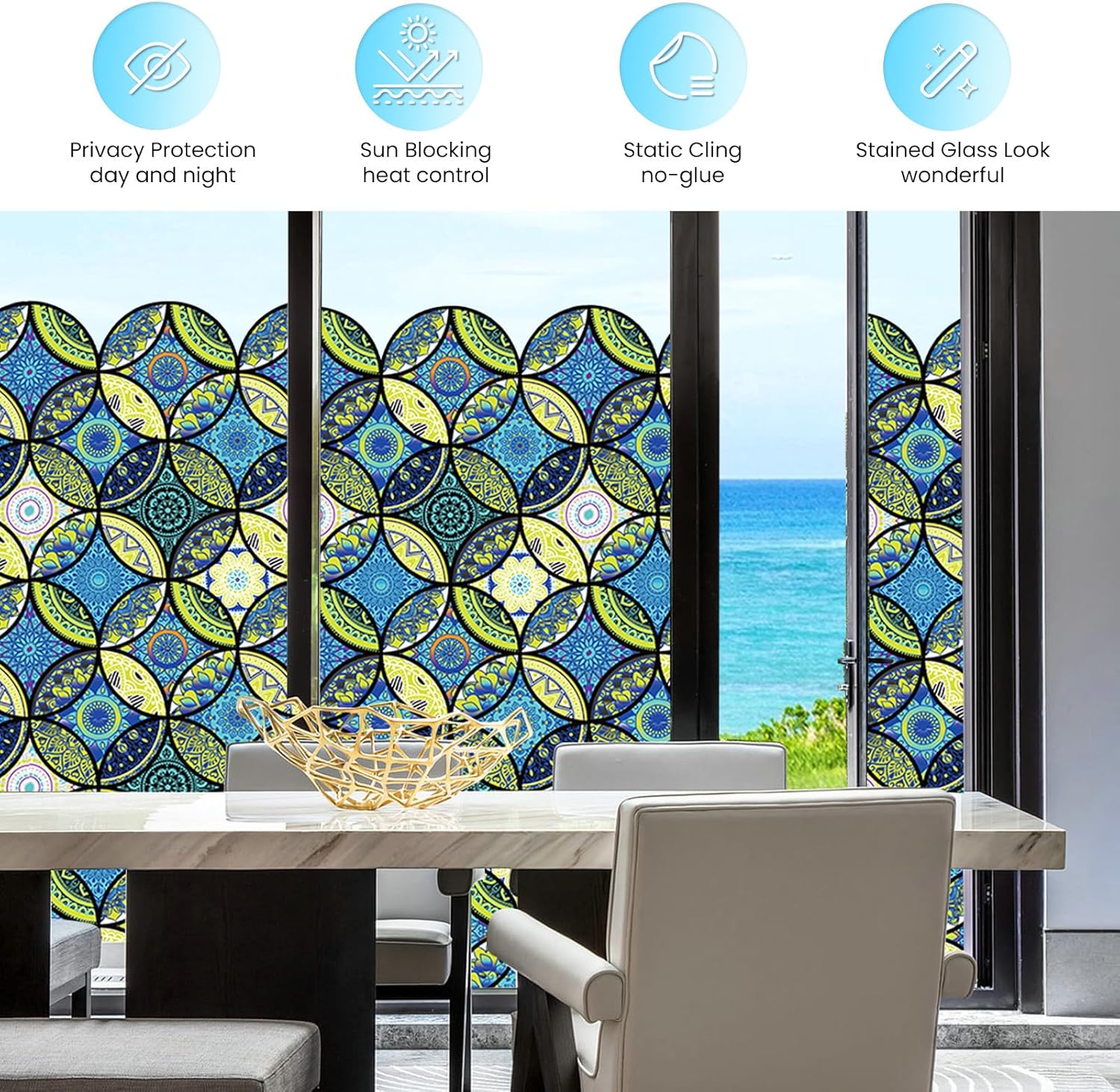 DKTIE Película para ventana de vidrieras con kit de instalación, estilo bohemio, protección de privacidad, luz suavizante, película decorativa para