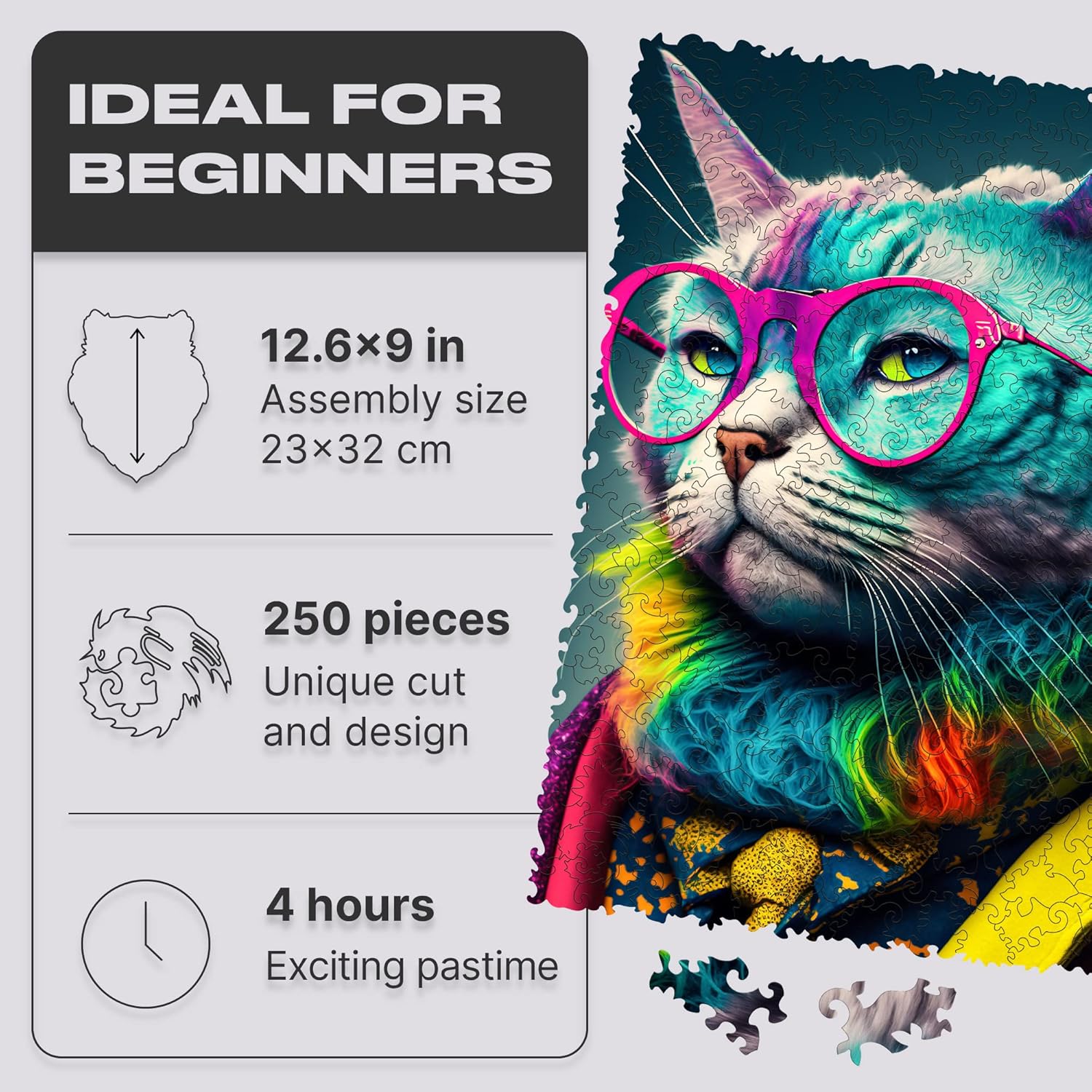 UNIDRAGON Rompecabezas de madera originales  Colección Pop Art Glow Up  Criticat  Rompecabezas de gato de 250 piezas, hermoso paquete de regalo,
