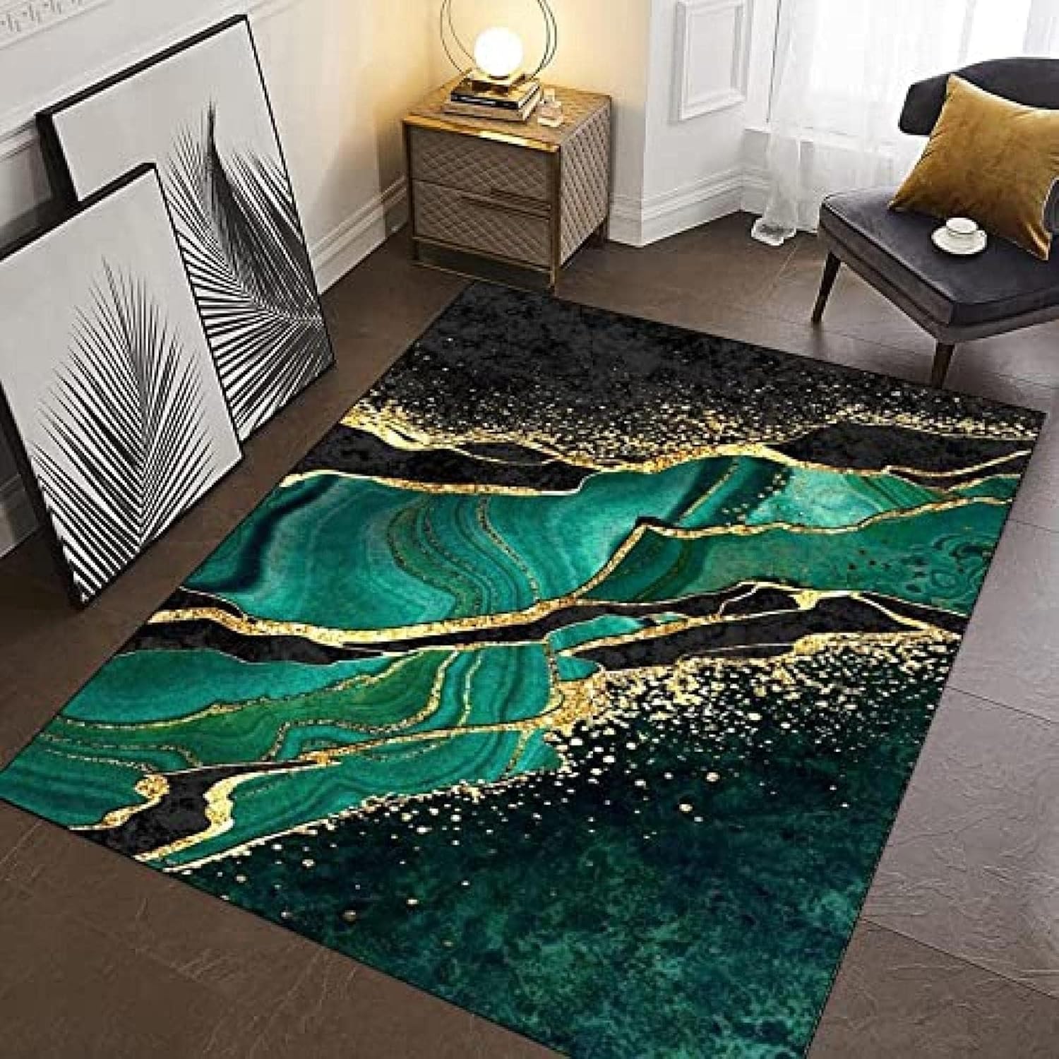Nordic Light – Alfombra de lujo con textura de mármol verde esmeralda, alfombra decorativa abstracta retro negra dorada y dorada, alfombra fácil de