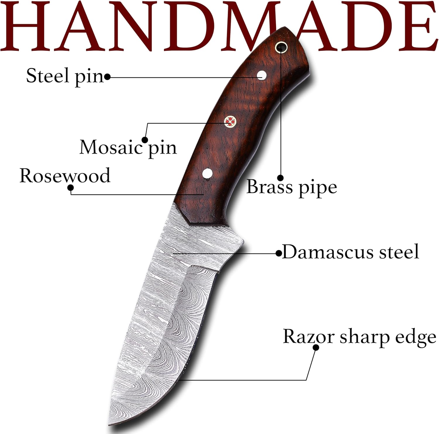 Cuchillo hecho a mano de hoja fija de acero Damasco – Cuchillo de caza – Cuchillo de Bushcraft – Cuchillos de hoja fija de alto carbono – Cuchillos