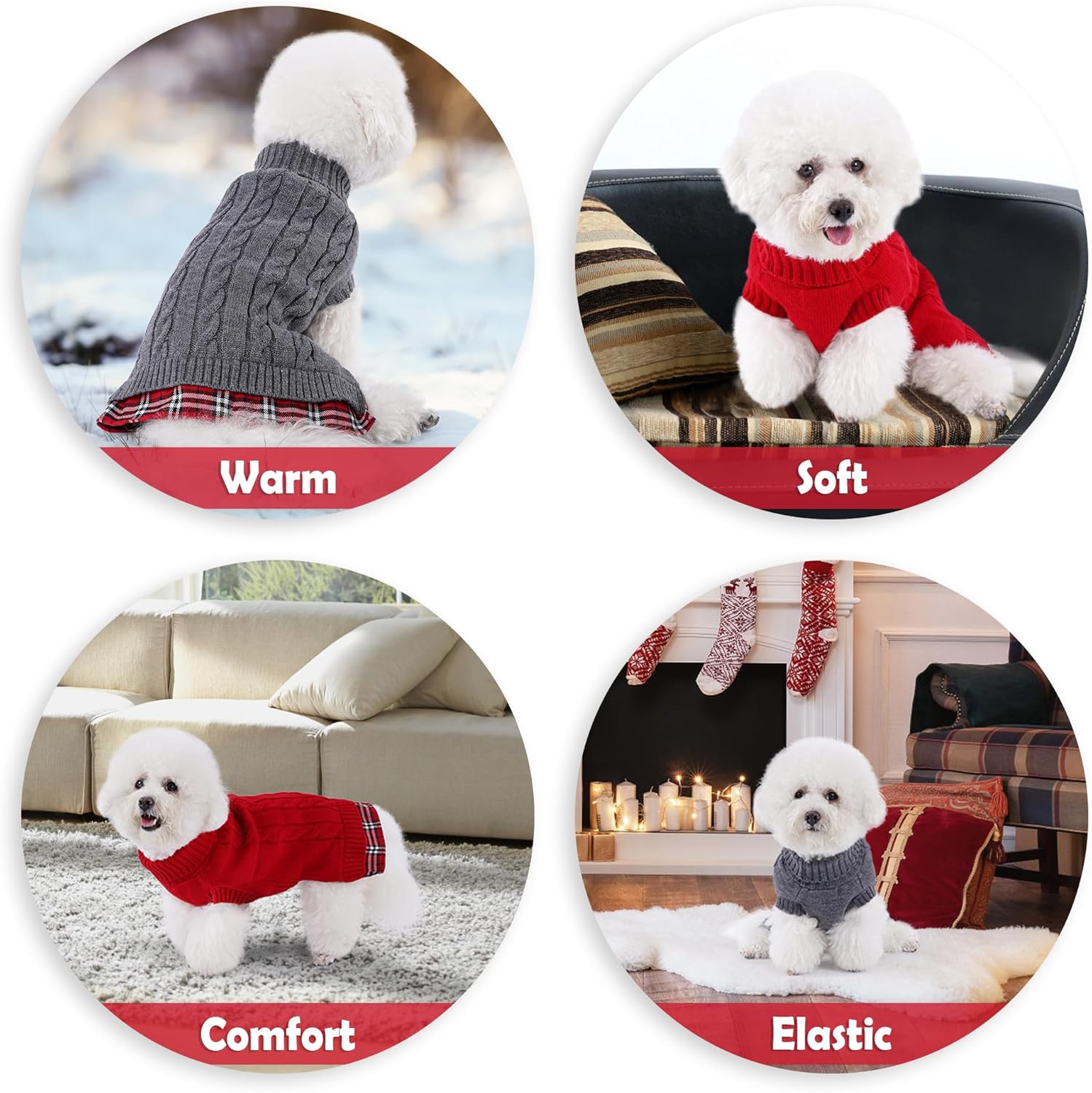 WOYYHO Ropa para perros y mascotas, suéter para perros pequeños, suéteres de punto a cuadros para perros con agujero para la correa, ropa para