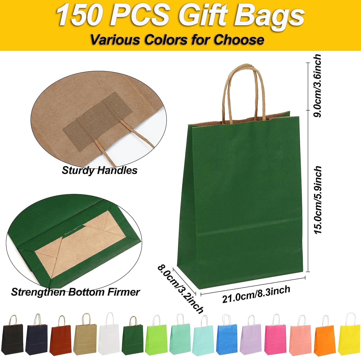 AMAZING TIME Paquete de 150 bolsas de papel de regalo con asas a granel, bolsas de papel kraft de 5.25 x 3.25 x 8.25 pulgadas, tamaño pequeño para