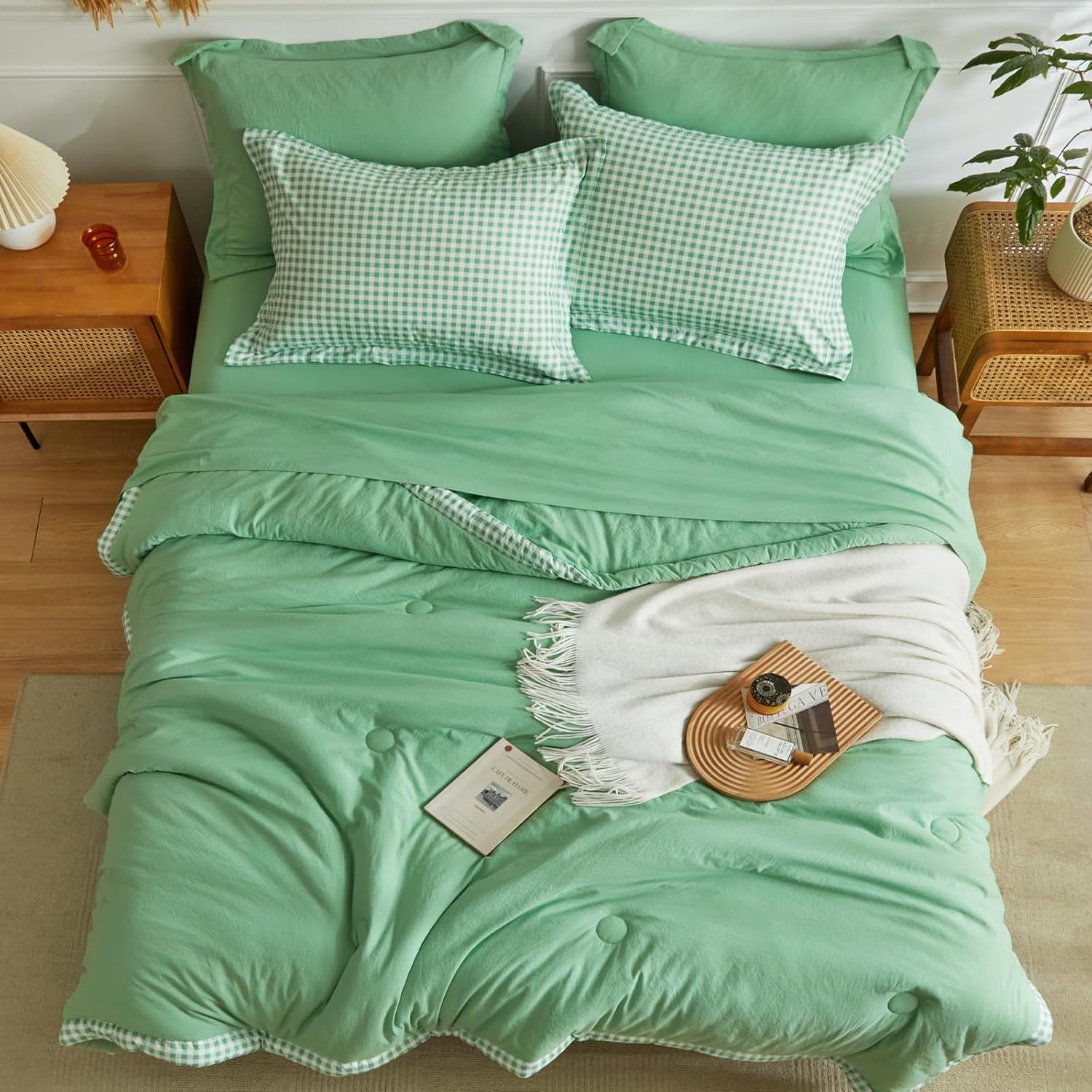 WARMDERN Juego de edredón a cuadros de búfalo tamaño Queen, edredón verde para cama tamaño Queen, edredón ligero y suave de 7 piezas con fundas de