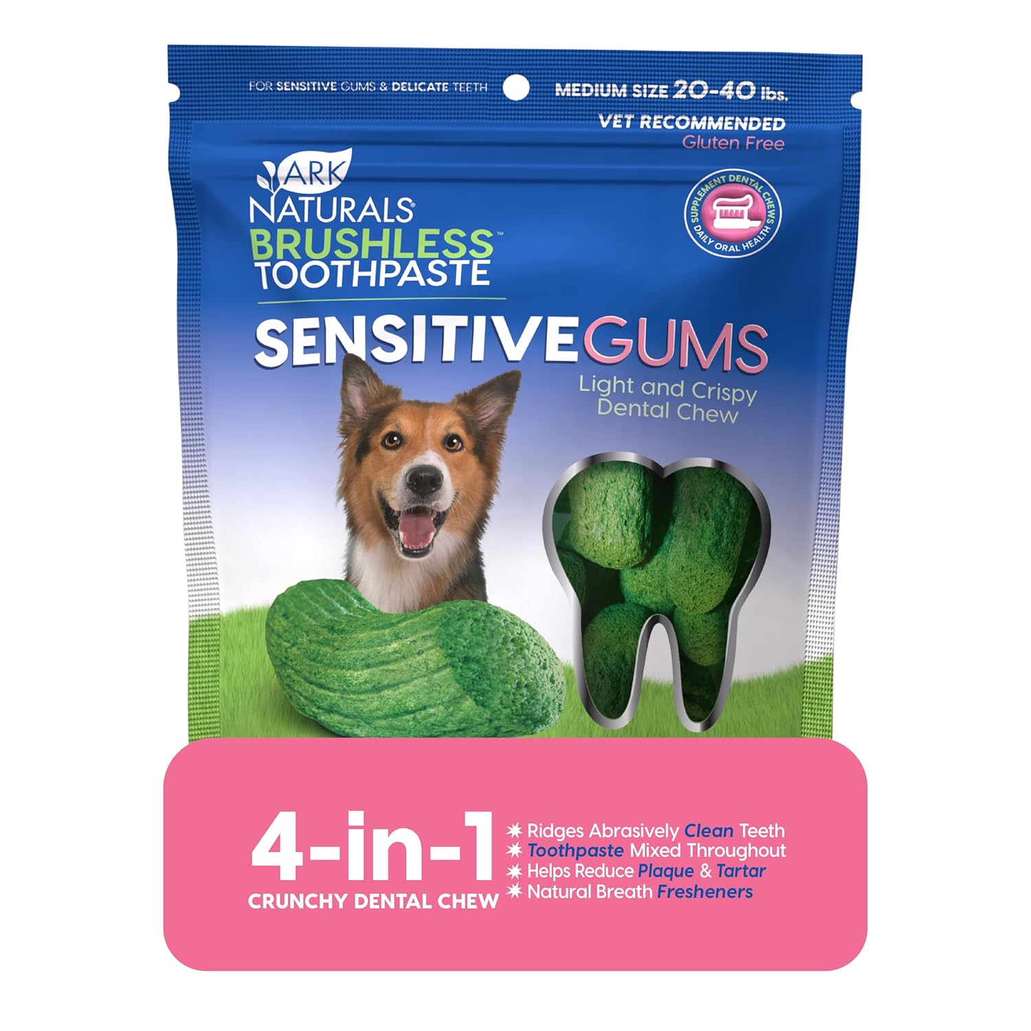 Ark Naturals Pasta de dientes sin escobillas para encías sensibles, masticables dentales para perros para razas medianas, recomendado por