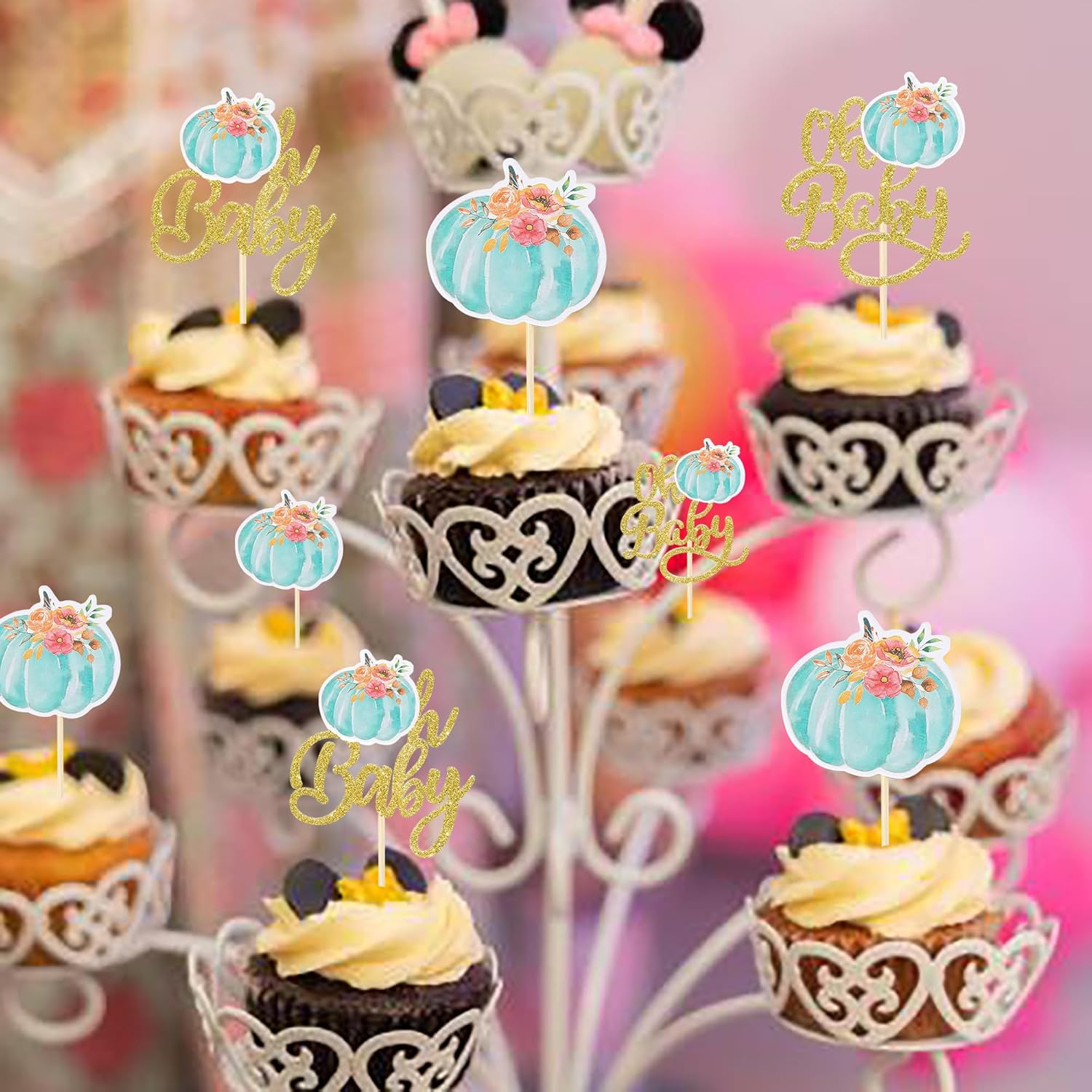 Paquete de 24 adornos para cupcakes de calabaza Oh Baby Baby Reveal de género para baby shower, decoración de cupcakes para calabaza, tema de otoño,