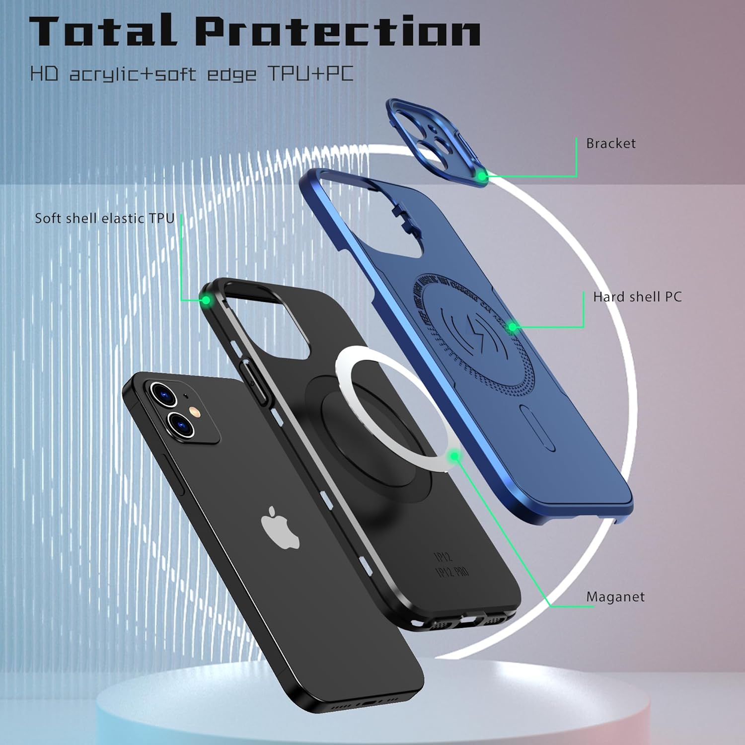Asuwish Funda de teléfono para iPhone 12 6.1 con protector de pantalla de vidrio templado Magsafe y soporte delgado, accesorios móviles híbridos