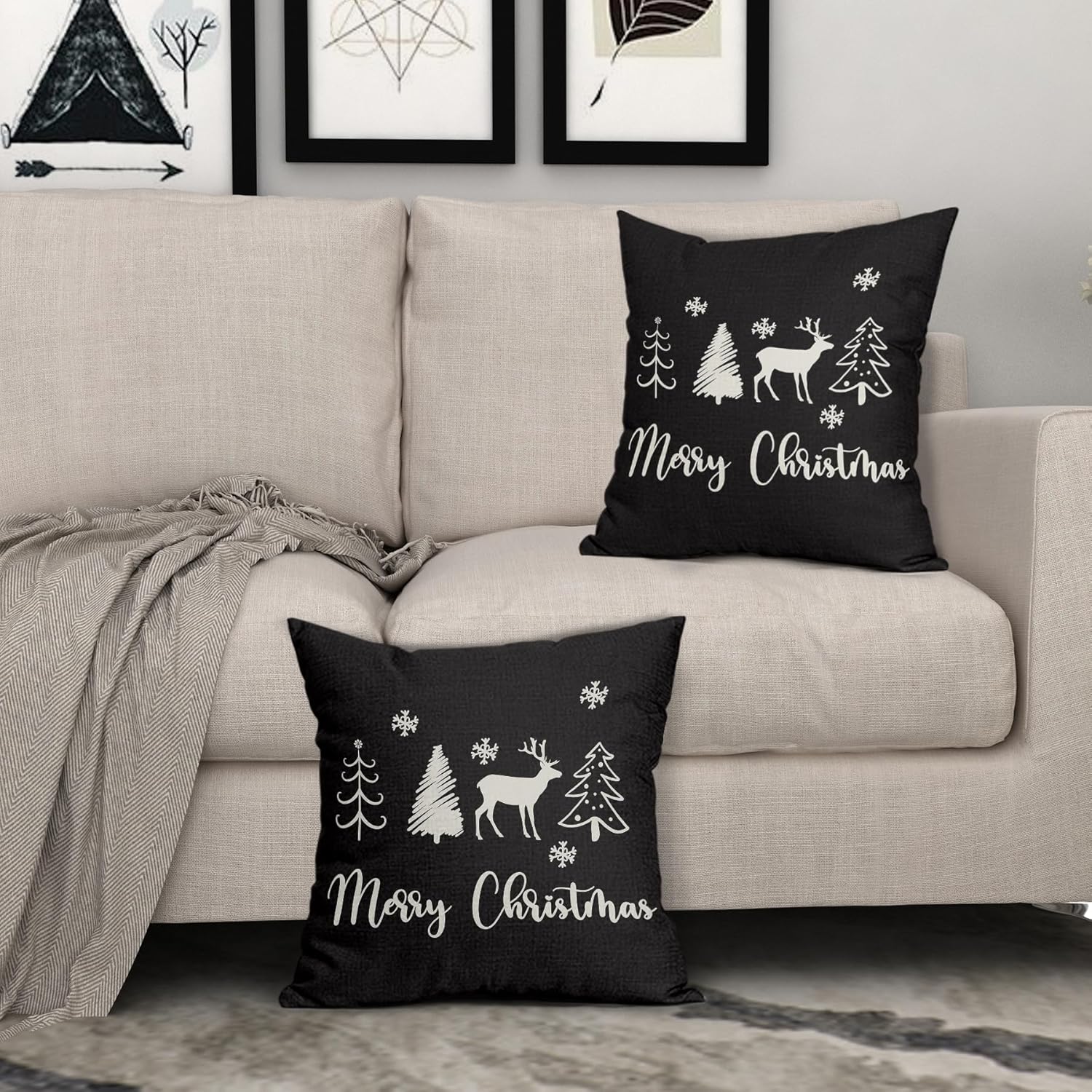 Juego de 2 fundas de almohada de Navidad negras de 18 x 18 pulgadas, diseño de árbol de ciervo, copos de nieve, fundas de almohada decorativas de