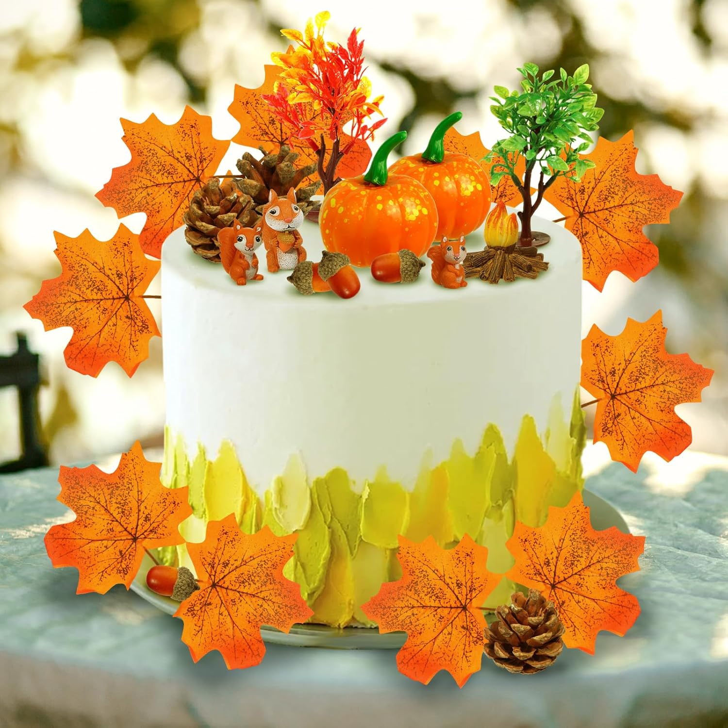 RAYNAG 25 decoraciones para tartas de Acción de Gracias, decoraciones de otoño para fiestas de cumpleaños, calabazas artificiales, hoja de arce,