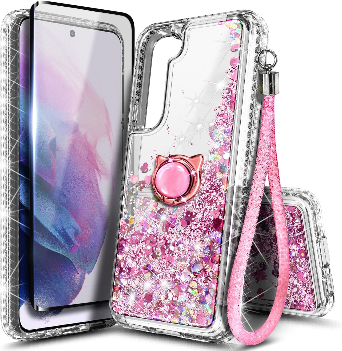 NGB Supremacy Funda para Samsung Galaxy S22 (6.1 pulgadas) con protector de pantalla (cobertura máxima, TPU flexible), soporte de anillocorrea de