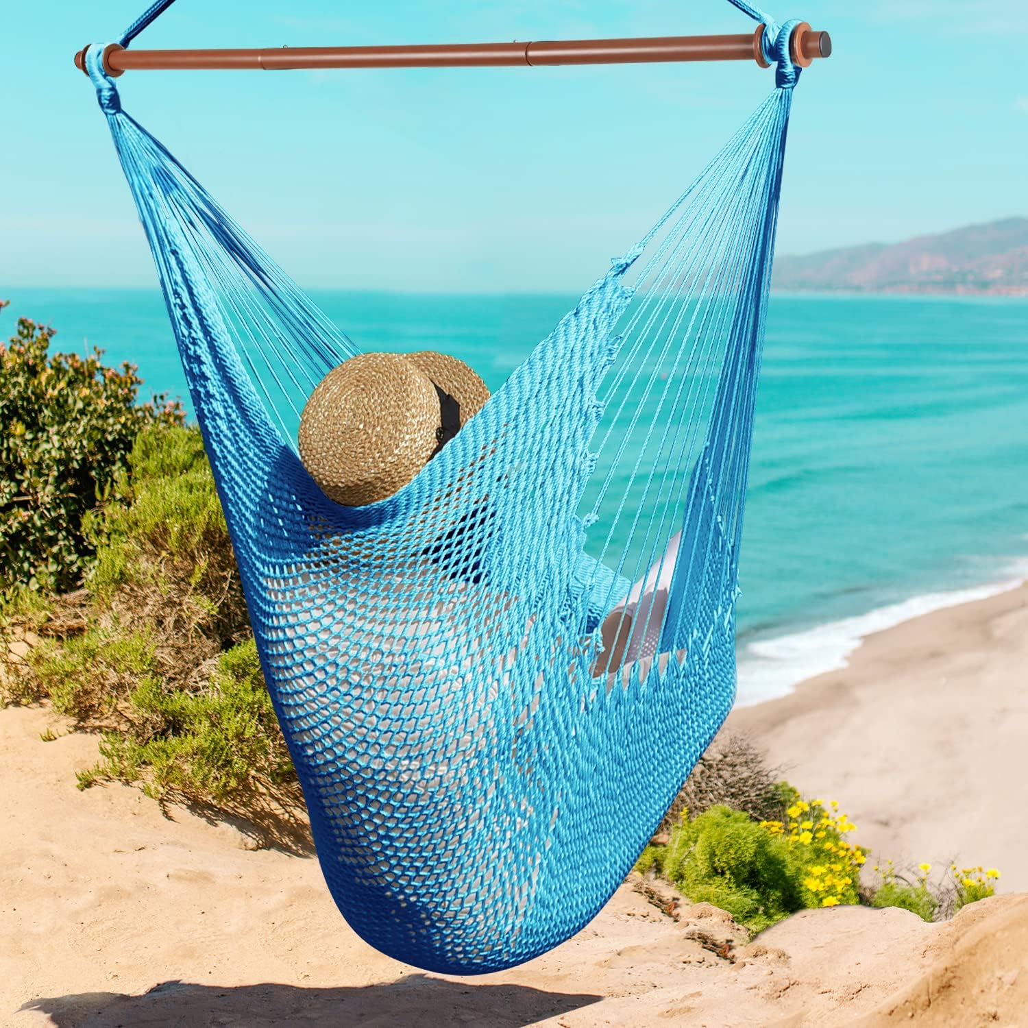 Silla hamaca caribeña mejorada con barra de metal desmontable, hamaca grande, silla colgante de cuerda XL para interiores y exteriores, capacidad de