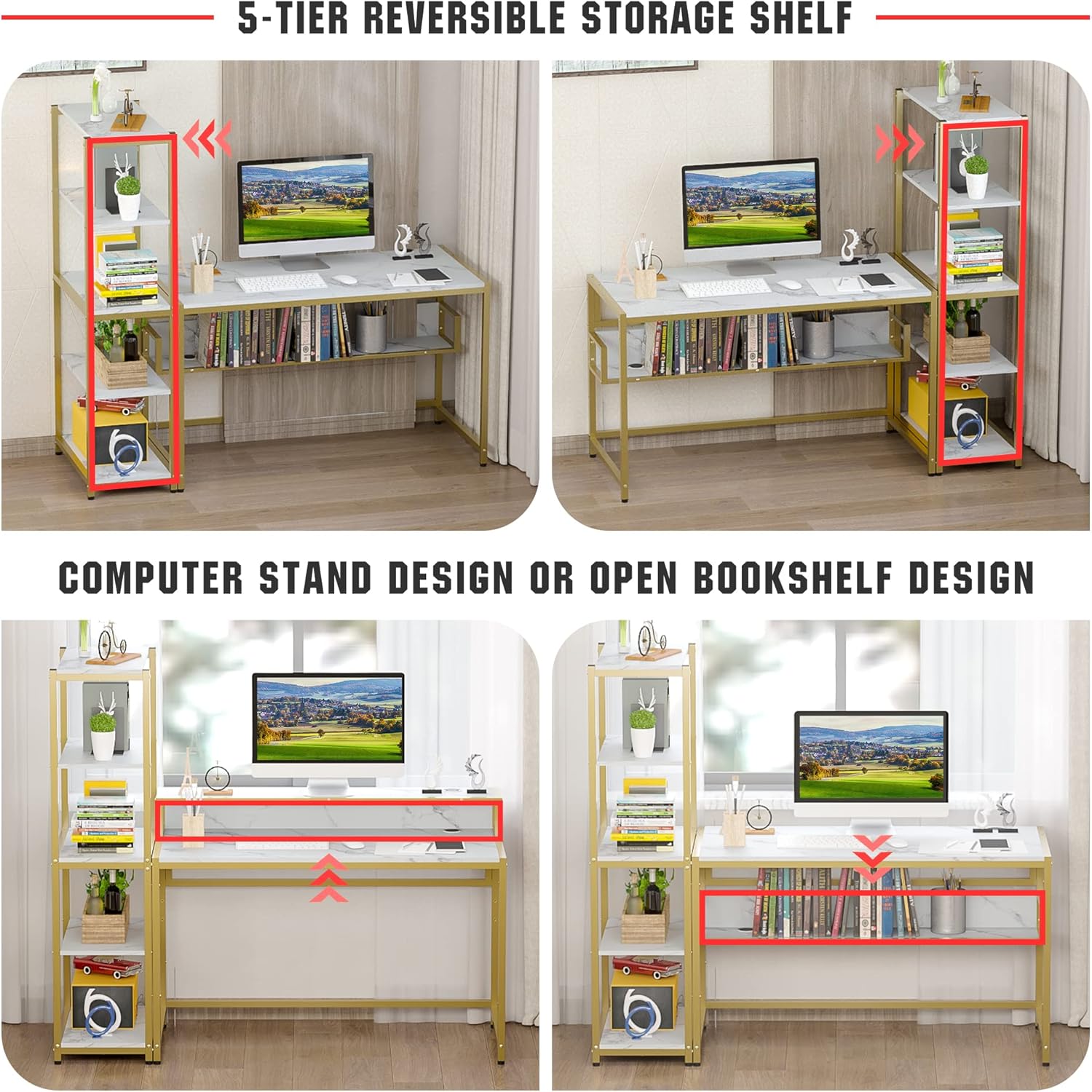 Teraves Escritorio para computadora con estantes de 5 niveles, escritorio reversible con almacenamiento de 49 pulgadas, mesa de estudio para oficina