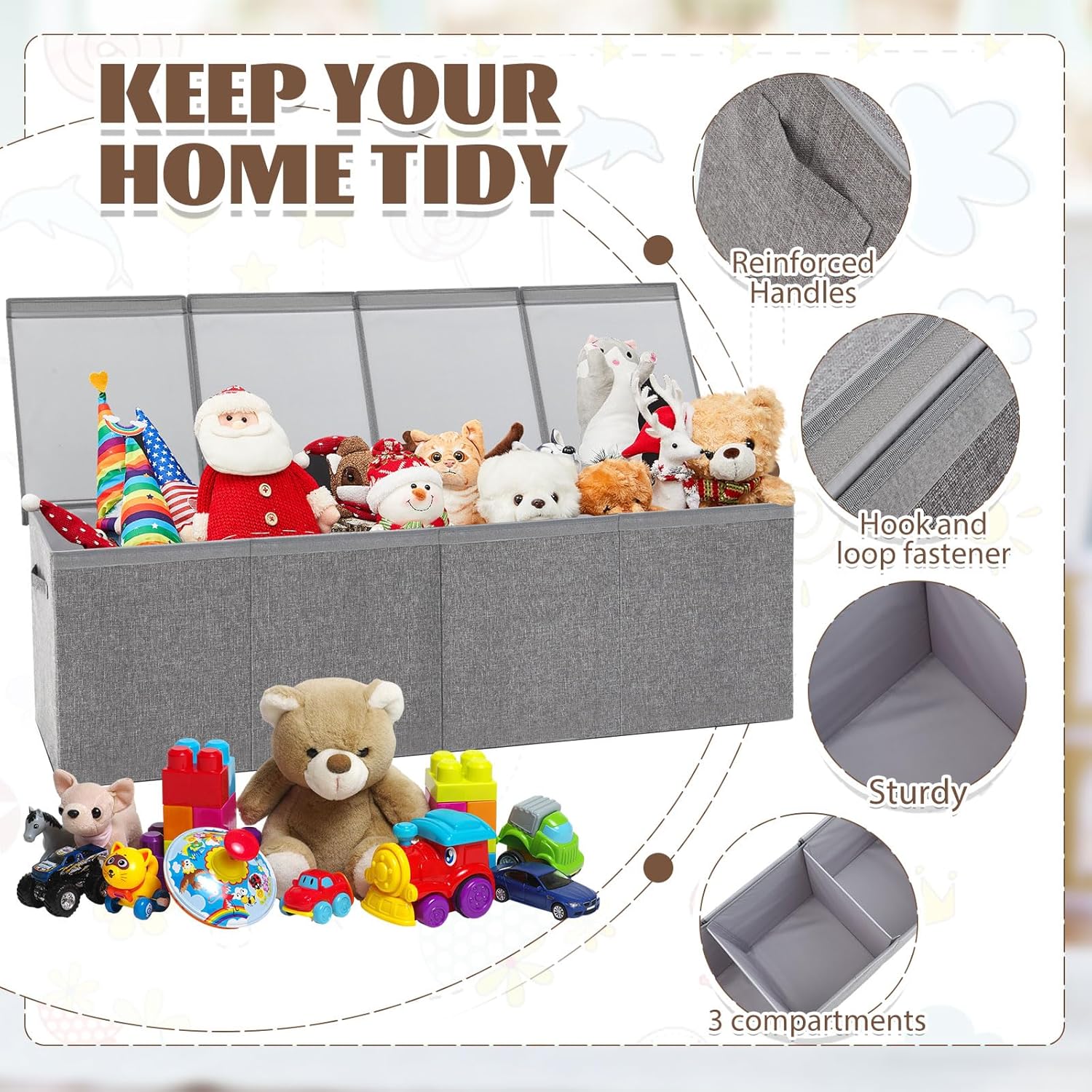 Patelai Caja de juguetes grande plegable y resistente con tapa y asas, caja de juguetes de Navidad, organizador de almacenamiento para sala de