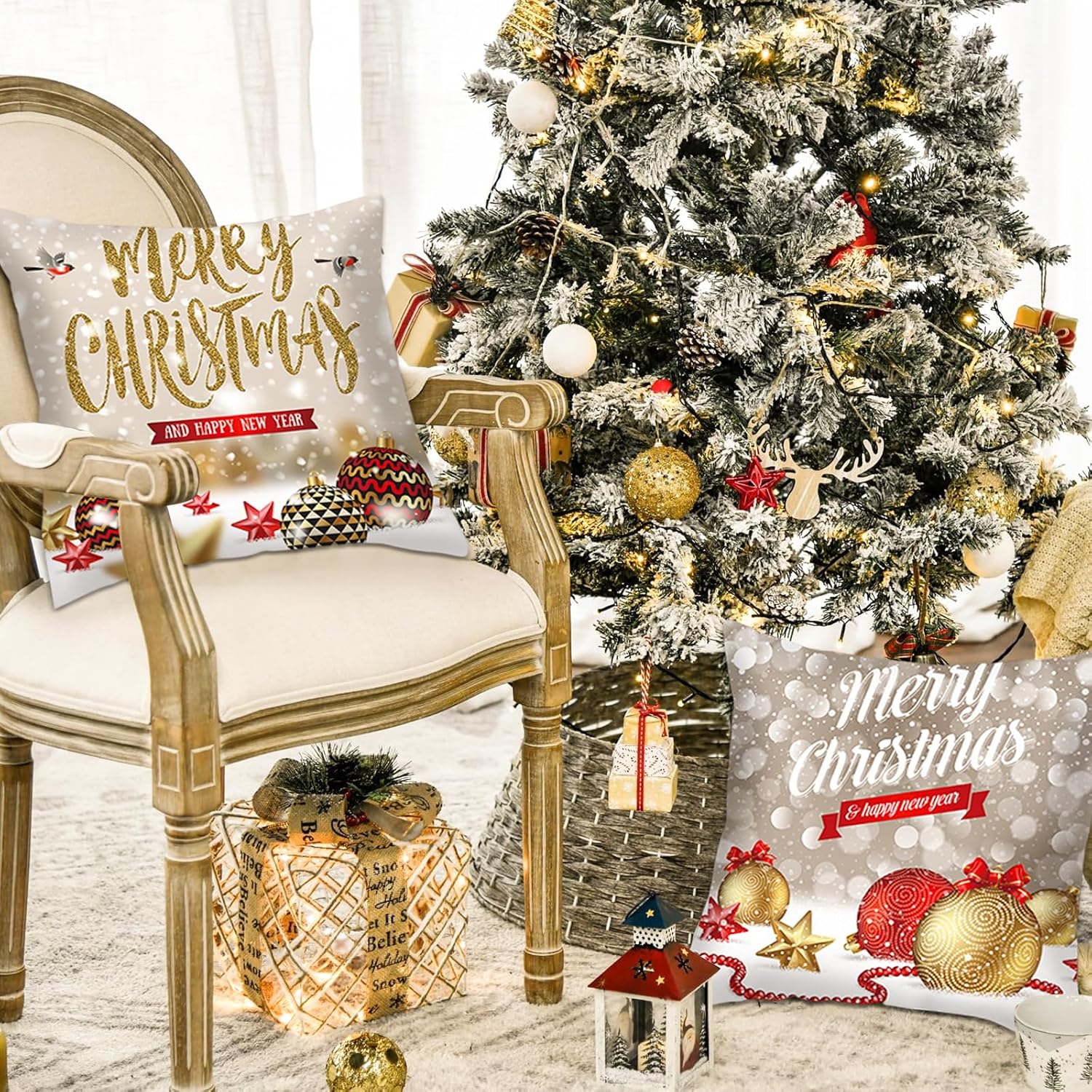 Juego de 4 fundas de almohada de Navidad de color oro blanco, 18 x 18 pulgadas, decoraciones de Navidad súper suaves, para sofá, decoración de cojín