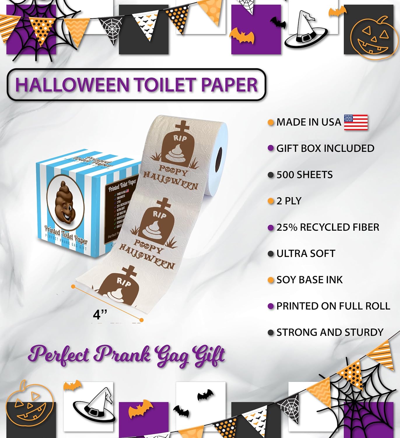 RIP – Papel higiénico impreso para Halloween, rollo de papel higiénico aterrador para sorpresa y divertido regalo novedoso para decoración