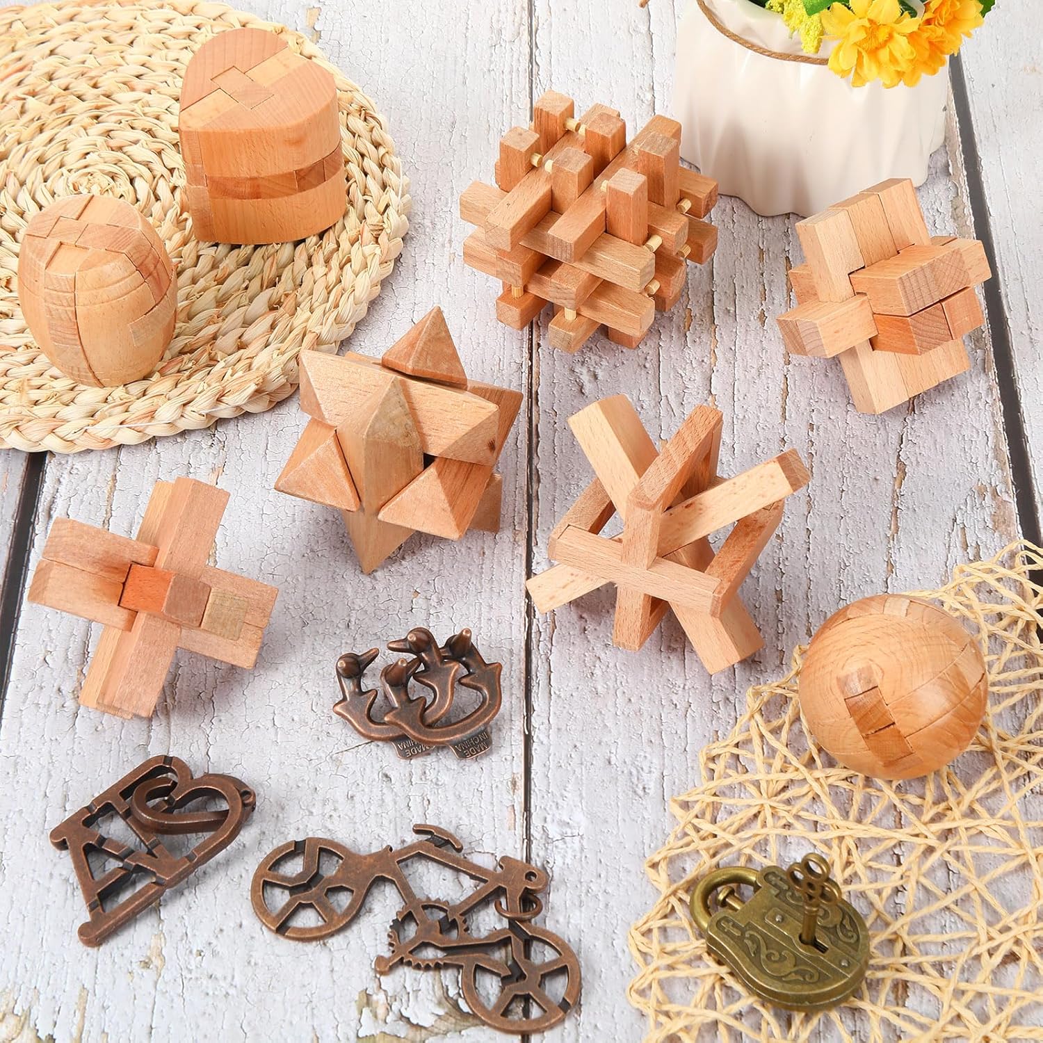 Liliful Paquete de 12 rompecabezas de madera para el cerebro para niños, niñas y adultos, desbloqueo 3D, rompecabezas de madera, rompecabezas de